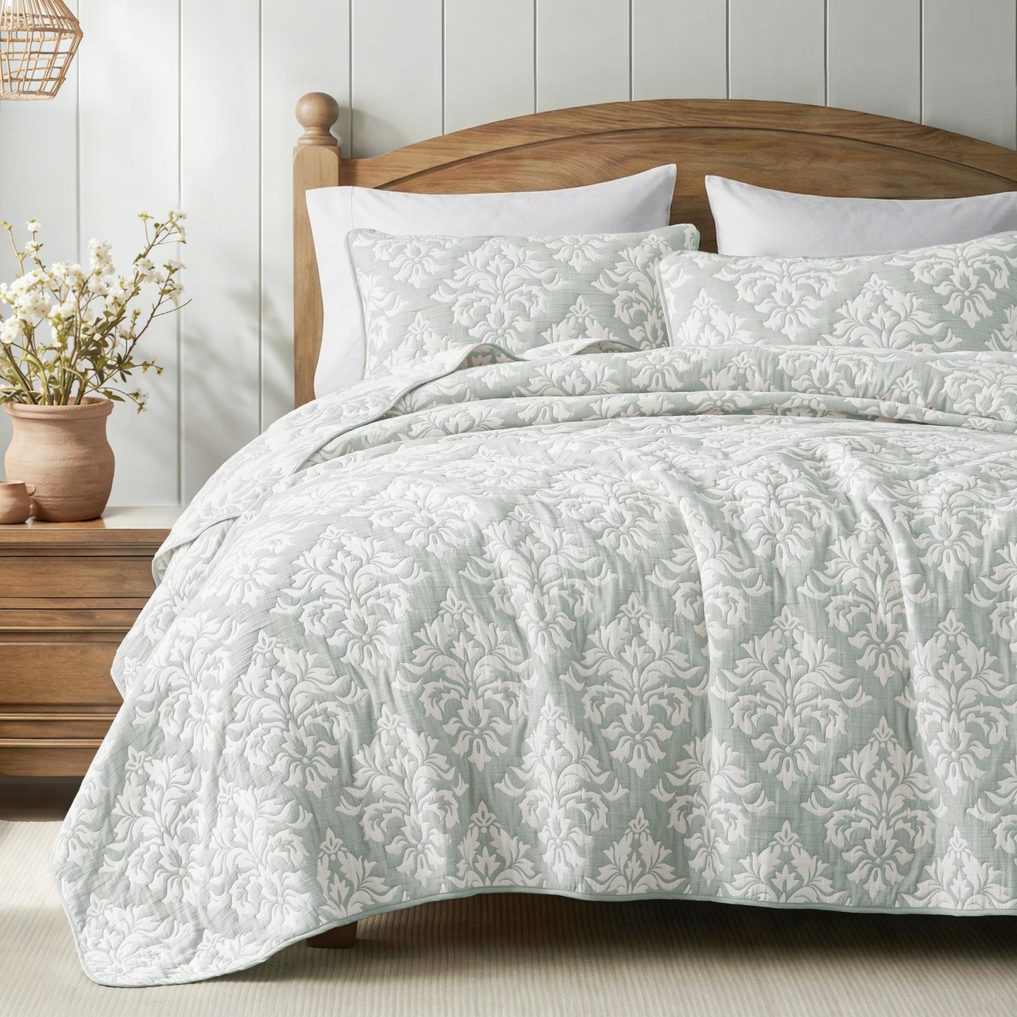 Exclusivo Mezcla Cotton Muslin Quilts Twin Size Sage Green, Soft Breathable Bedspread Lightweight Prewashed Bed Coverlet With 1 Pillow Sham, Boho Pattern Yarn Dyed Quilt Bedding Set for All Seasons