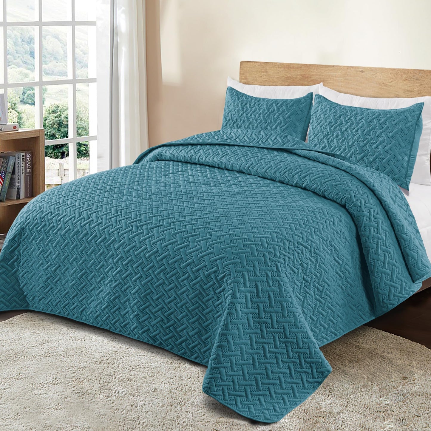 Exclusivo Mezcla Soft Quilt Set Twin Size, 2 Pieces Lightweight Quilts Teal Bedspreads Coverlets Bedding Set for All Seasons, Weave Pattern