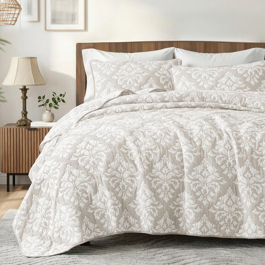 Exclusivo Mezcla Cotton Muslin Quilts Queen Size Beige, Soft Breathable Bedspread Lightweight Prewashed Bed Coverlet With 2 Pillow Shams, Boho Pattern Yarn Dyed Quilt Bedding Set for All Seasons