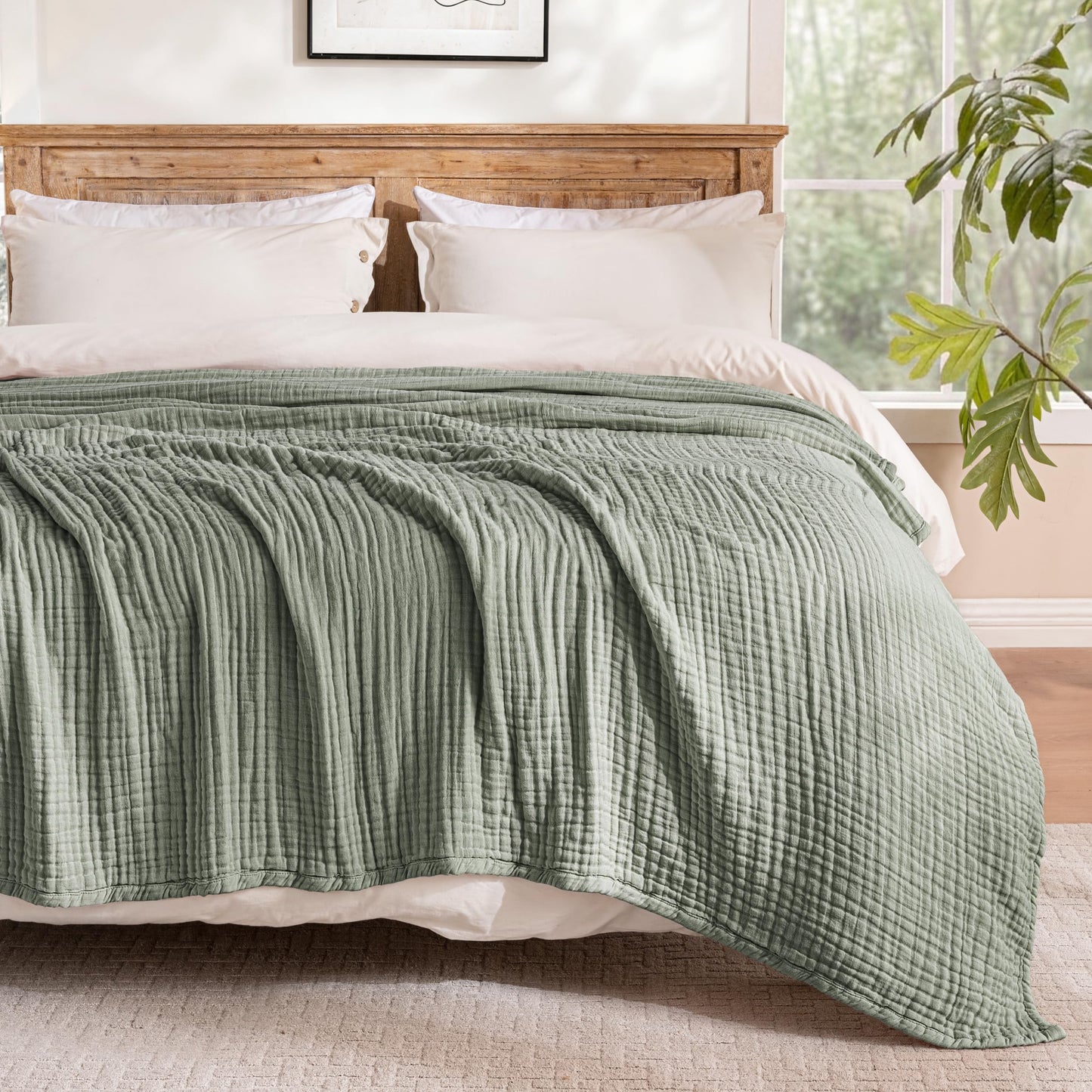Exclusivo Mezcla 100% Cotton Muslin Full Size Blanket 80"x90",6 Layers Breathable and Lightweight Green Gauze Blankets