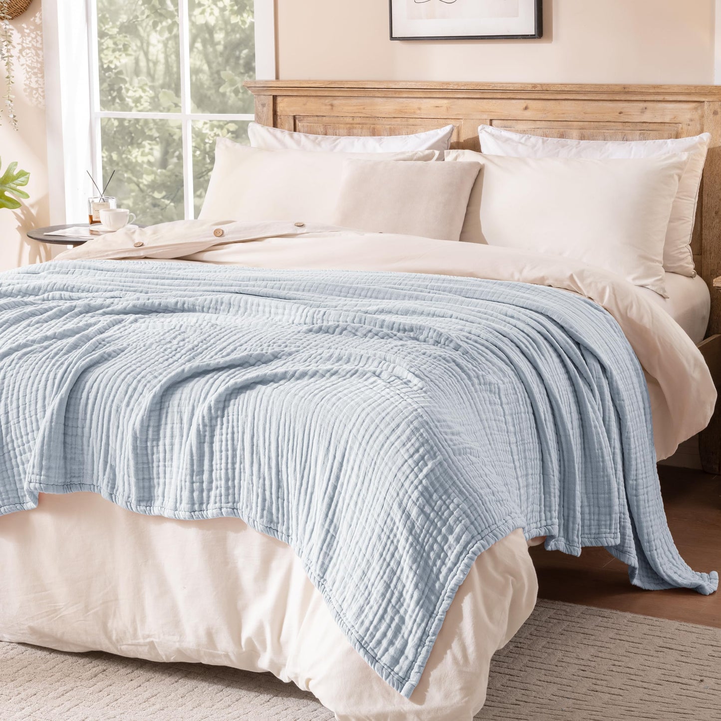 Exclusivo Mezcla 100% Cotton Muslin Twin Size Blanket 60"x80",6 Layers Breathable and Lightweight Ice Blue Gauze Blankets