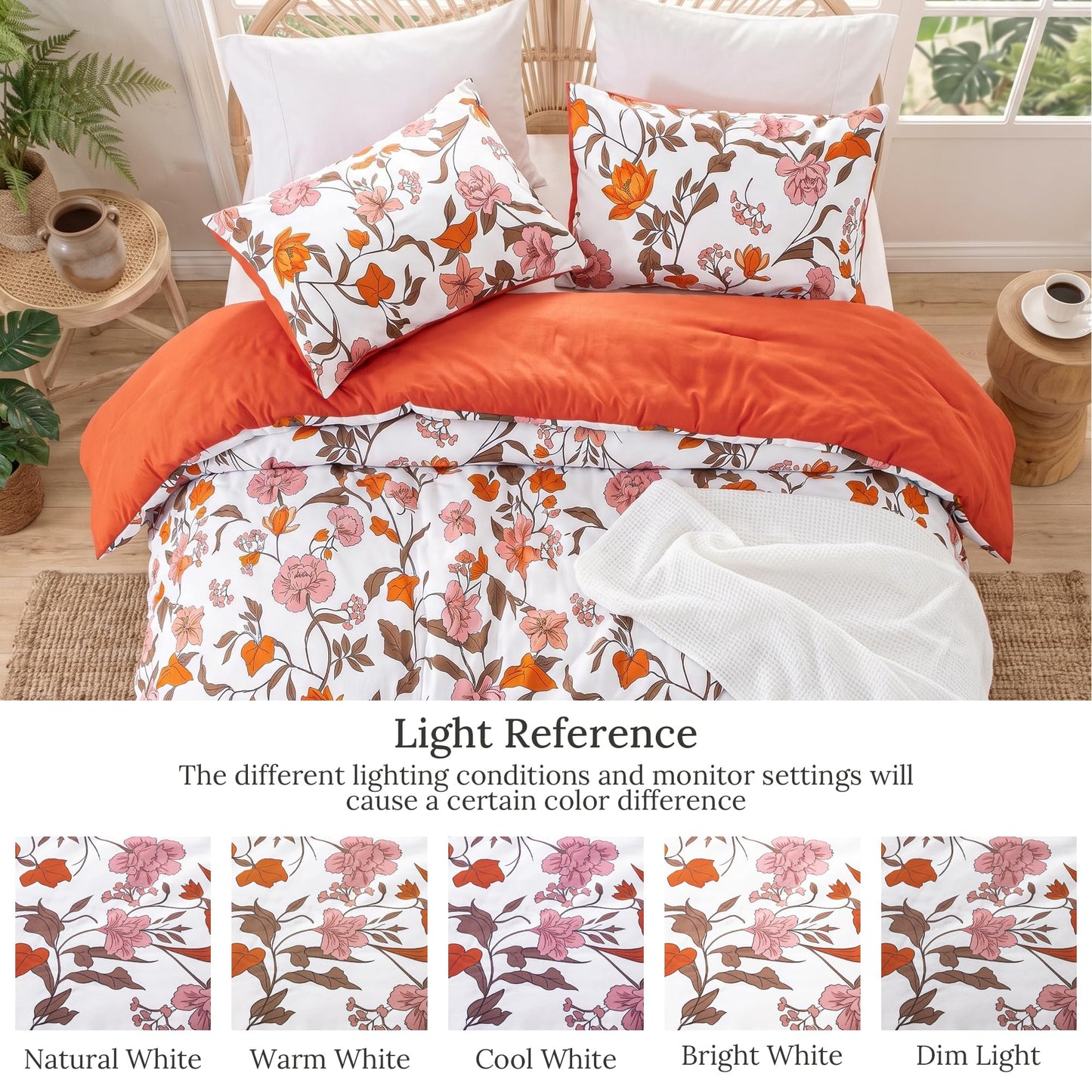 Exclusivo Mezcla Floral California King Comforter Set, 3 Pieces Lightweight Reversible Soft Bedding Comforters for All Seasons, Orange Botanical Flowers Pattern