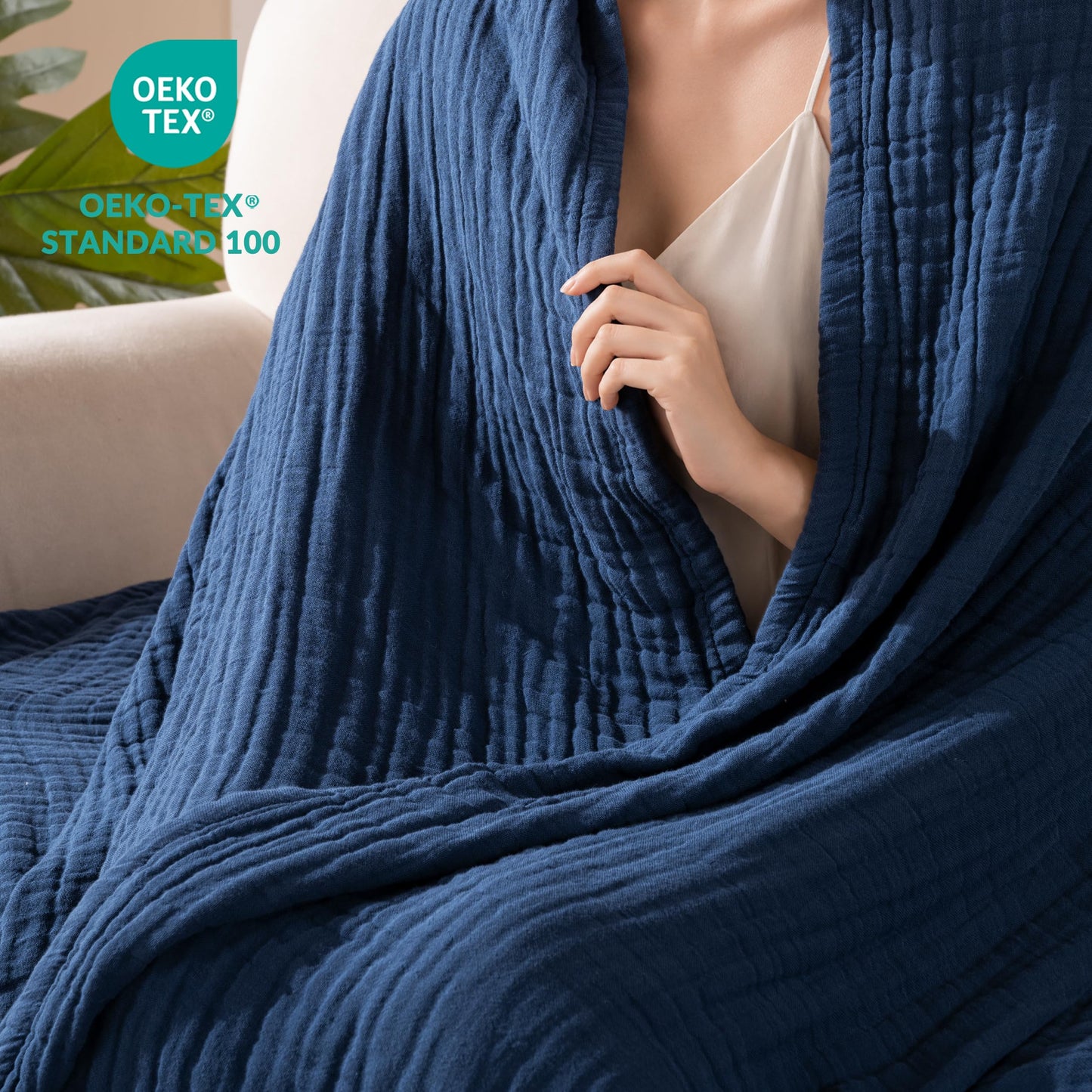 Exclusivo Mezcla 100% Cotton Muslin Throw Blanket 50"x70",6 Layers Breathable and Lightweight Navy Blue Gauze Blankets