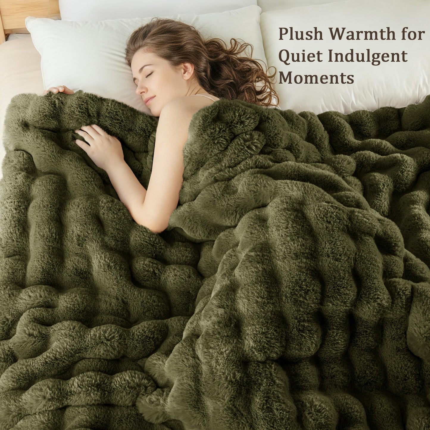 Exclusivo Mezcla Fuzzy Faux Fur Bed Blanket Twin Size, Sherpa Fleece Blankets,Fluffy Plush Warm Throws for Couch, Bed, 60X80 Inches, Olive Green