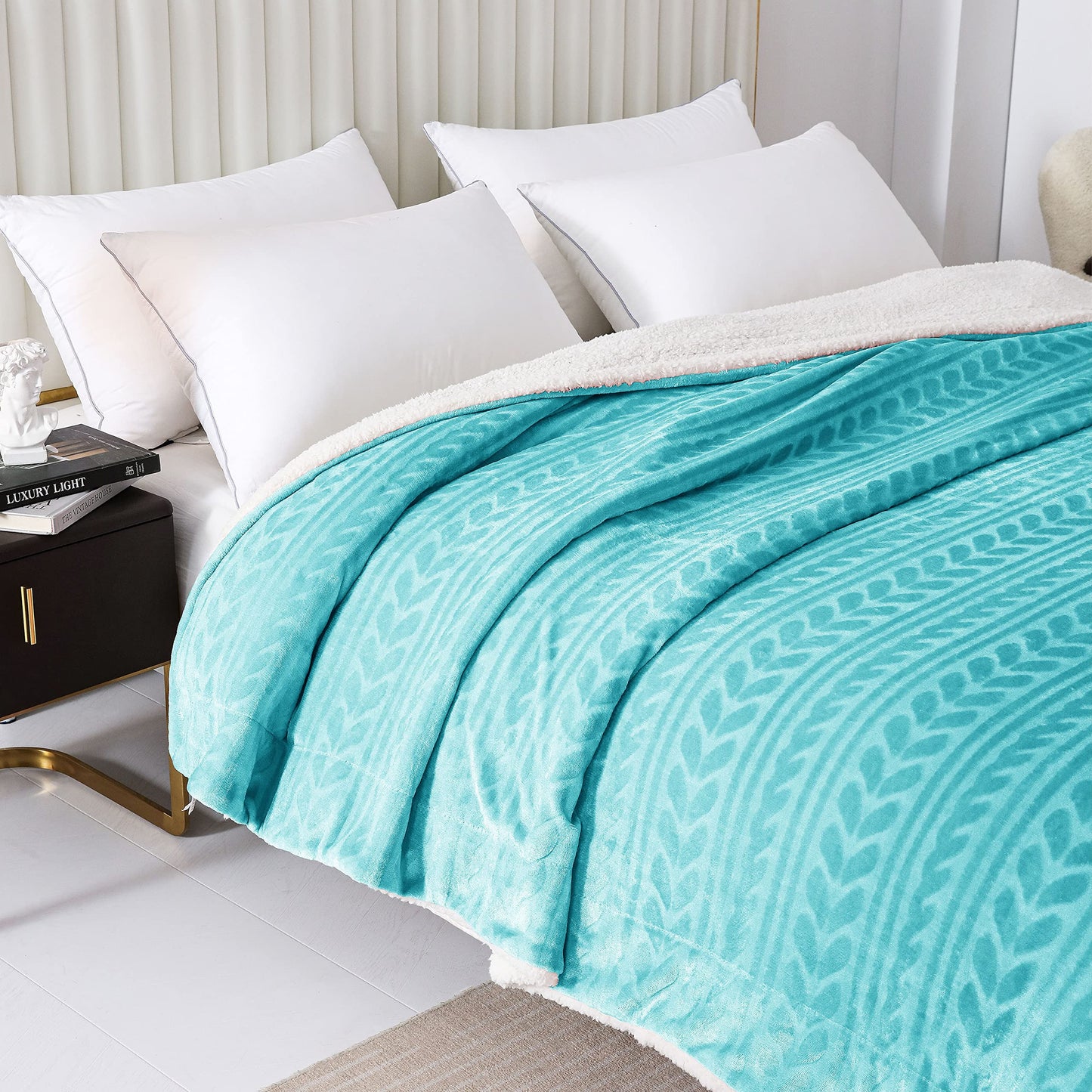 Exclusivo Mezcla Queen Size Sherpa Fleece Bed Blanket, Reversible Velvet Warm Blankets for Bed Couch Sofa, 90x90 Inches, Aqua Blue