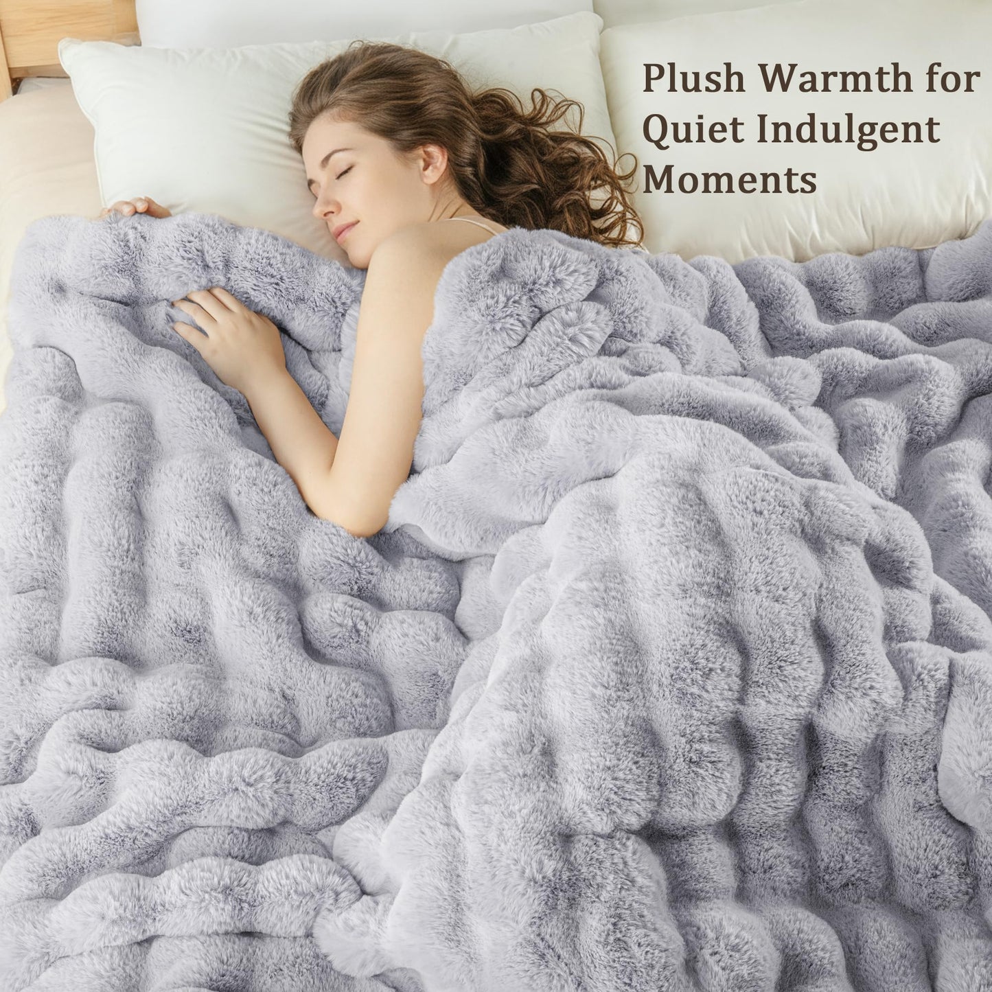 Exclusivo Mezcla Fuzzy Faux Fur Bed Blanket Queen Size, Sherpa Fleece Blankets,Fluffy Plush Warm Throws for Couch, Bed, 90X90 Inches, Light Grey