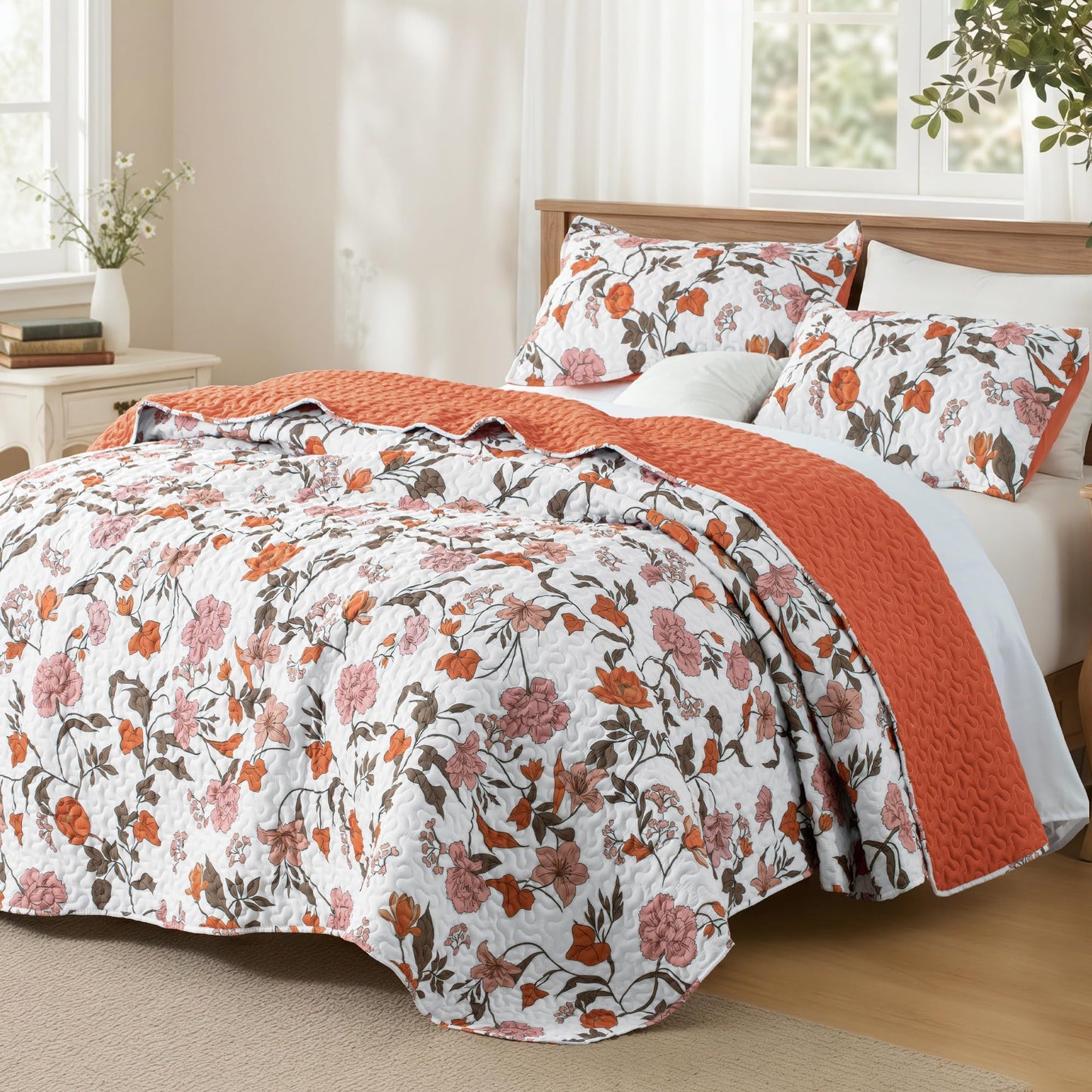 Exclusivo Mezcla Floral Twin Size Quilt Set, Twin Quilt Bedding Set with Orange Chic Vintage Garden Pattern, Reversible Lightweight Spring Bedspreads Coverlets Bed Cover for All Seasons (68"x88")