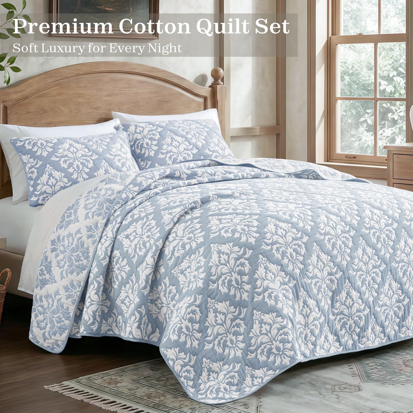 Exclusivo Mezcla Cotton Muslin Quilts Queen Size Blue, Soft Breathable Bedspread Lightweight Prewashed Bed Coverlet With 2 Pillow Shams, Boho Pattern Yarn Dyed Quilt Bedding Set for All Seasons