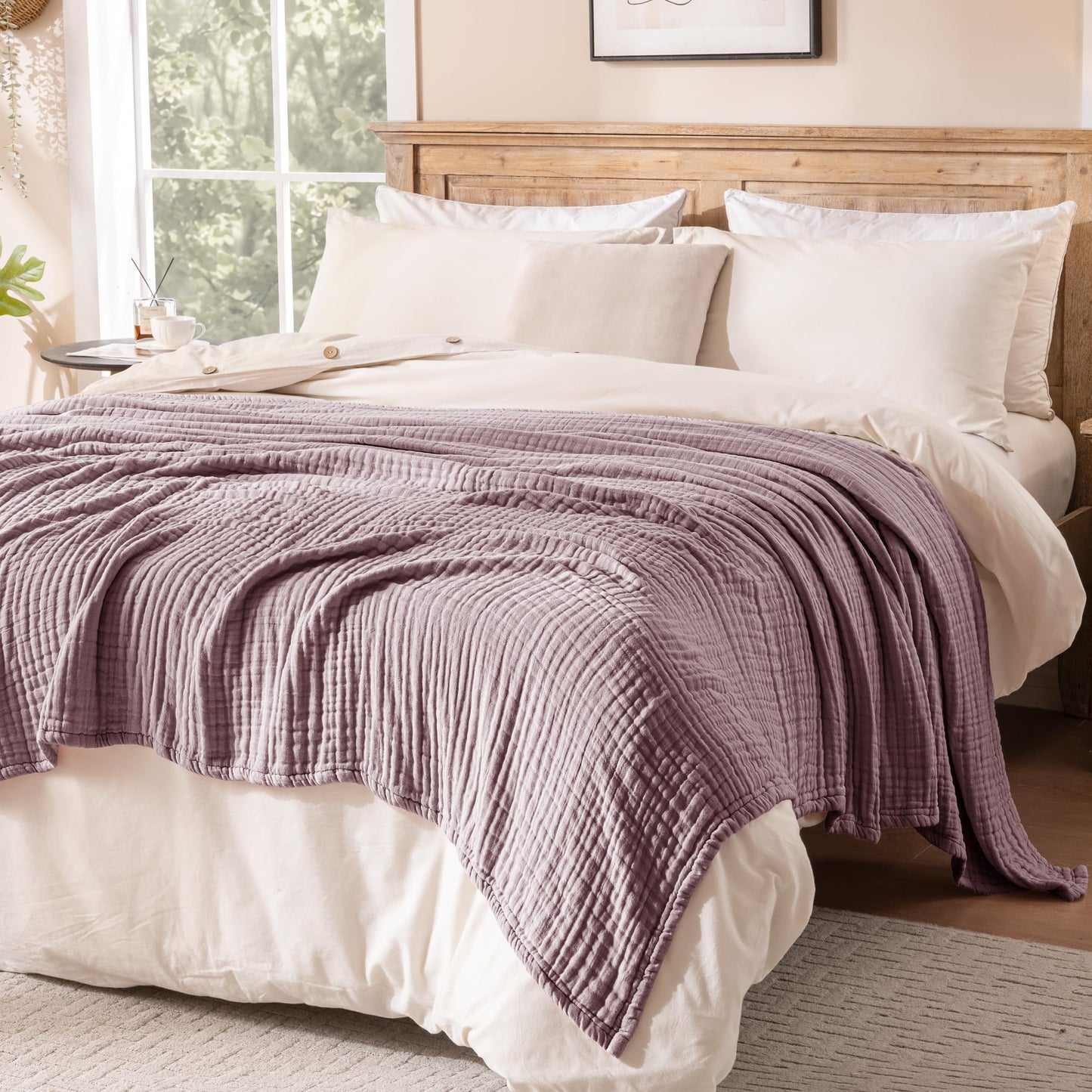 Exclusivo Mezcla 100% Cotton Muslin Queen Size Blanket 90"x90",6 Layers Breathable and Lightweight Plum Purple Gauze Blankets