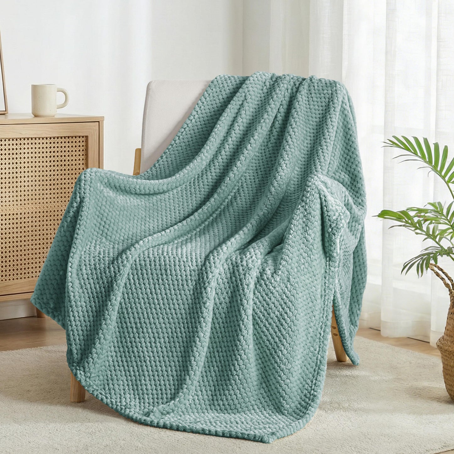 Exclusivo Mezcla Waffle Textured Extra Large Fleece Blanket, Super Soft and Warm Throw Blanket for Couch, Sofa and Bed (Celadon, 50"x70")-Cozy, Fuzzy and Lightweight