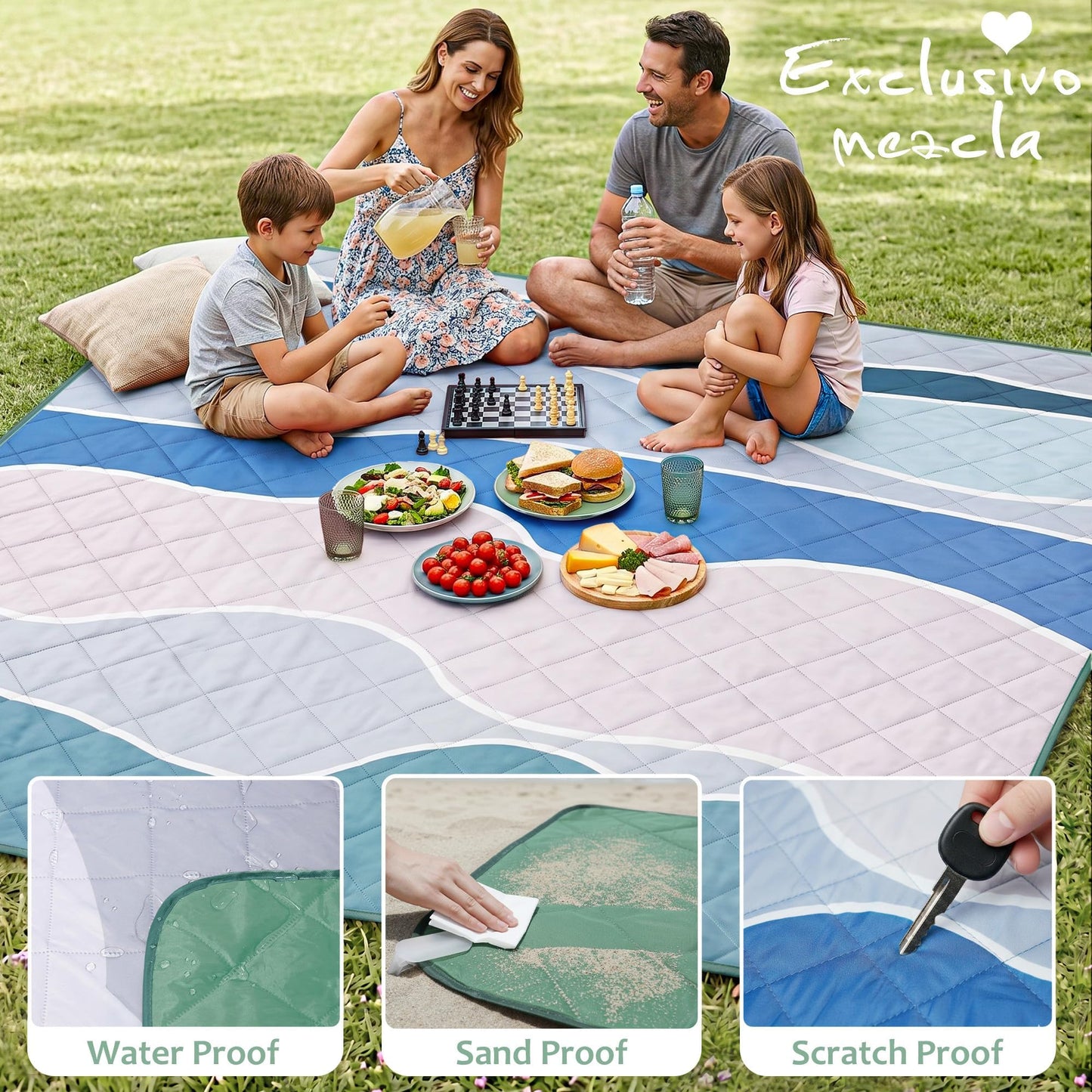 Exclusivo Mezcla Waterproof Picnic Blankets 3-Layer 80"x 80" Large Sandproof Beach Blanket Foldable Outdoor Blanket for Camping on Grass Picnic Mat, Waved Blue