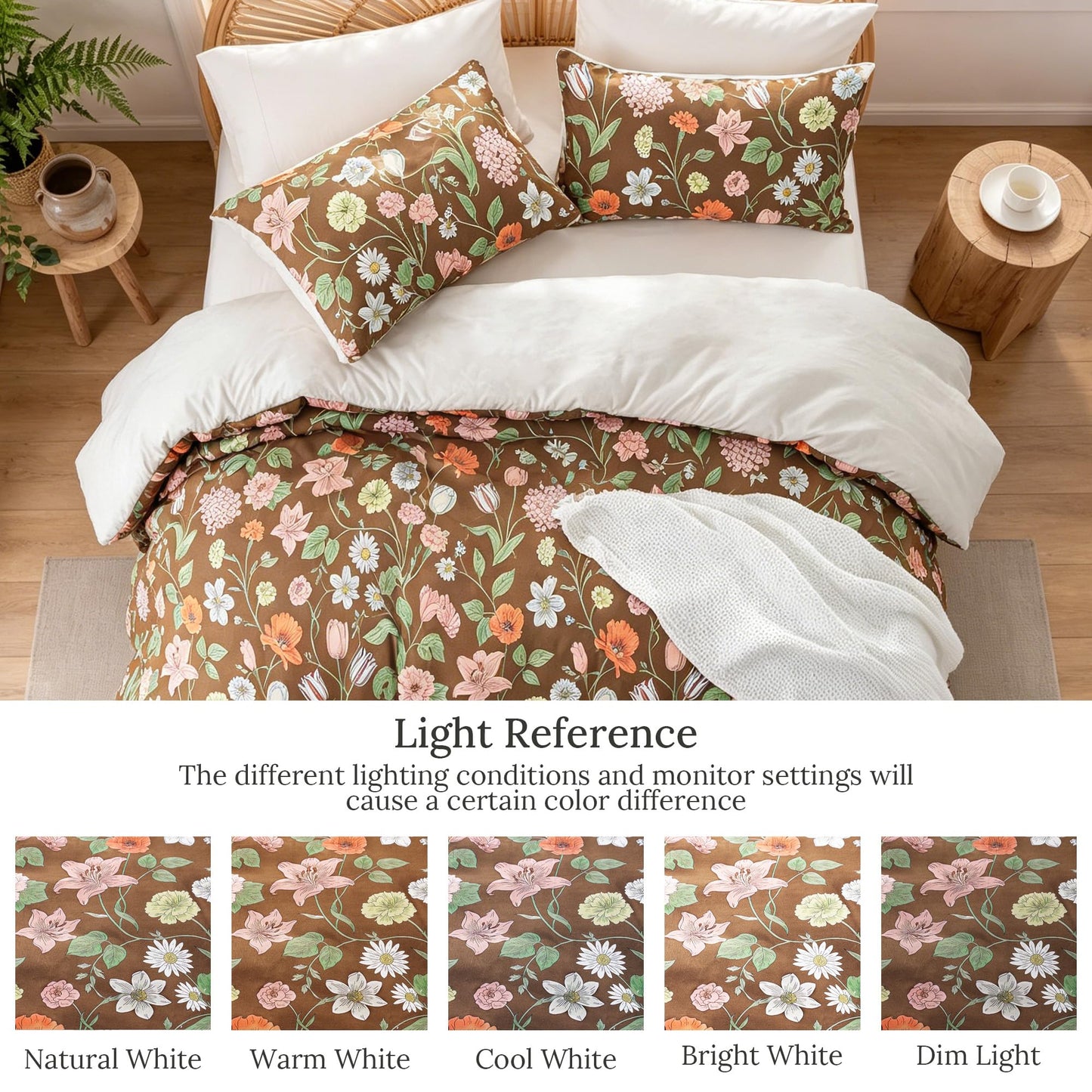 Exclusivo Mezcla Floral Oversized Queen Comforter Set, 3 Pieces Lightweight Reversible Soft Bedding Comforters for All Seasons, Brown Botanical Flowers Pattern