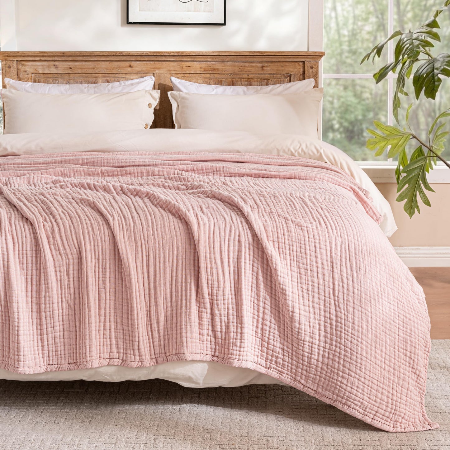 Exclusivo Mezcla 100% Cotton Muslin Full Size Blanket 80"x90",6 Layers Breathable and Lightweight Dusty Pink Gauze Blankets