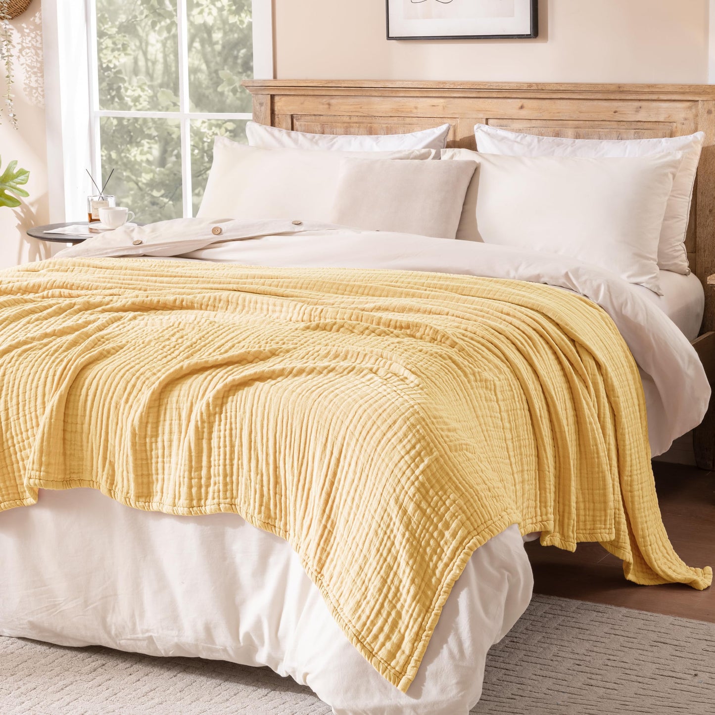 Exclusivo Mezcla 100% Cotton Muslin Queen Size Blanket 90"x90",6 Layers Breathable and Lightweight Yellow Gauze Blankets