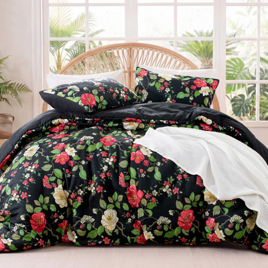 Exclusivo Mezcla Floral California King Comforter Set, 3 Pieces Lightweight Reversible Soft Bedding Comforters for All Seasons, Black Botanical Flowers Pattern