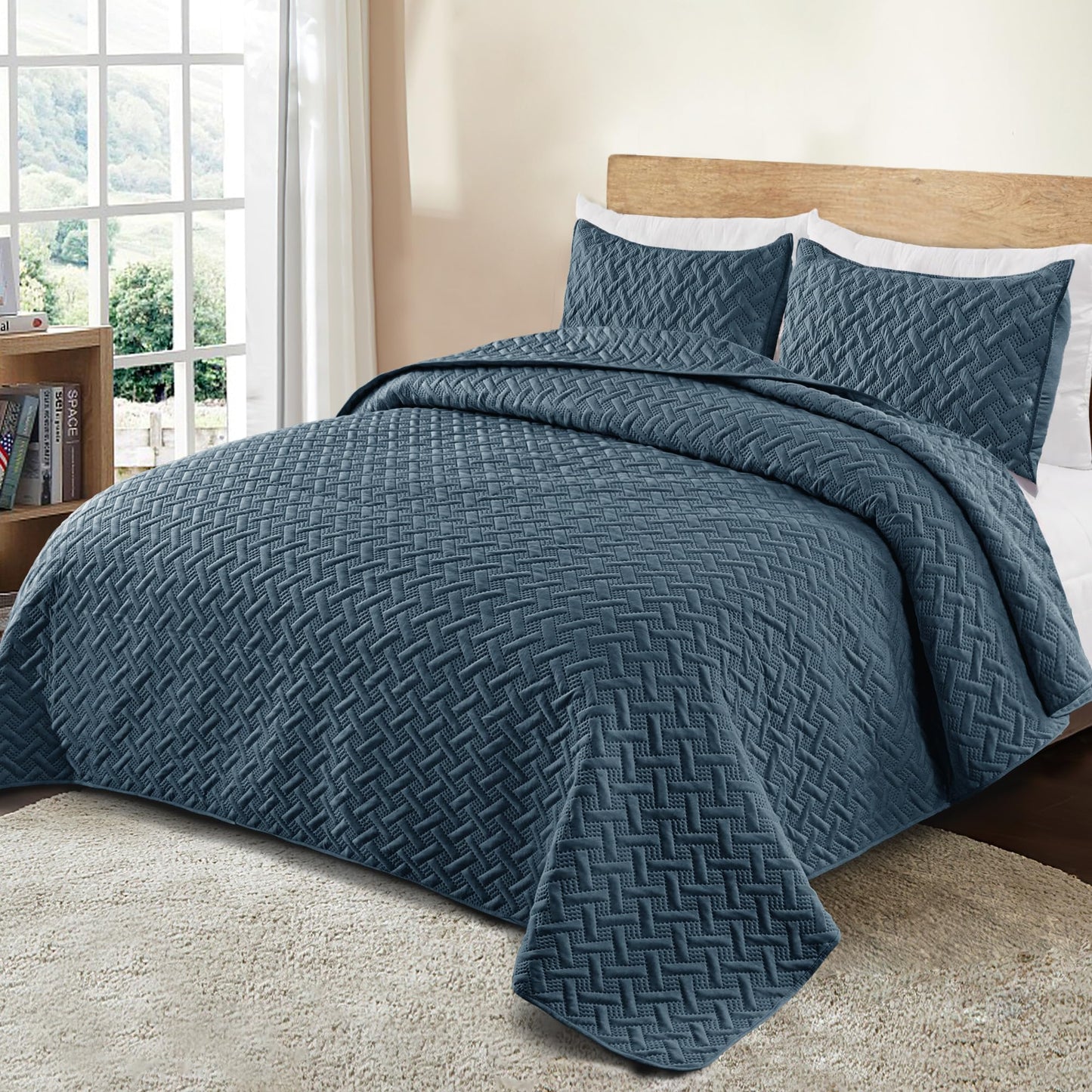 Exclusivo Mezcla Soft Quilt Set Queen Full Size, 3 Pieces Lightweight Quilts Navy Bedspreads Coverlets Bedding Set for All Seasons, Weave Pattern