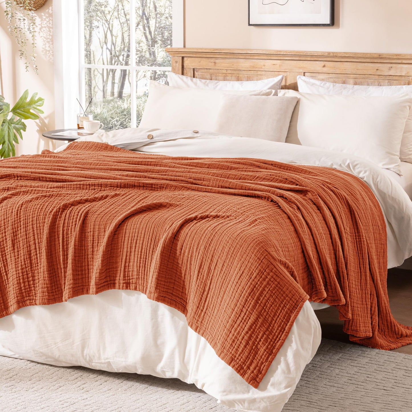 Exclusivo Mezcla 100% Cotton Muslin King Size Blanket 90"x104",6 Layers Breathable and Lightweight Burnt Orange Gauze Blankets