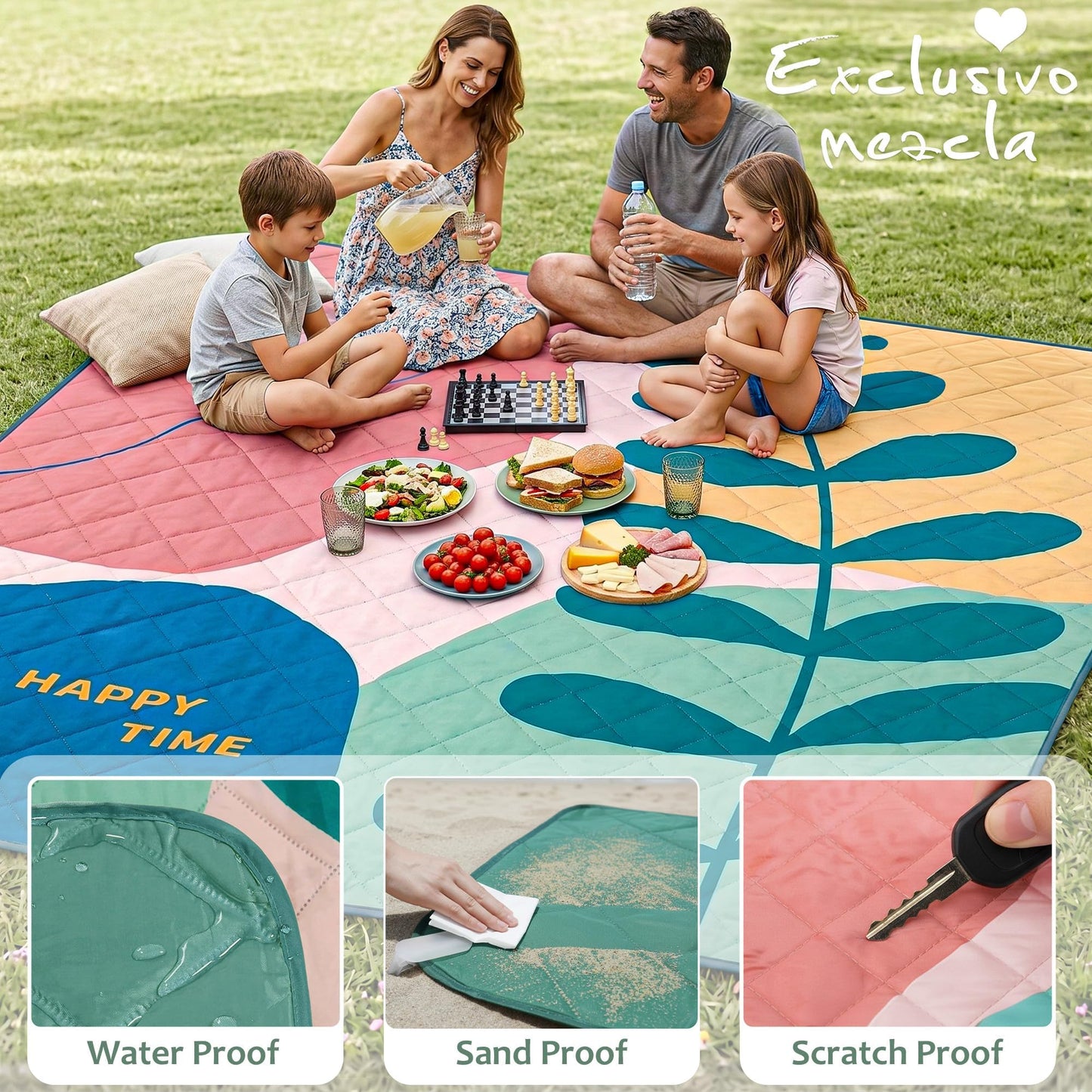 Exclusivo Mezcla Waterproof Picnic Blankets 3-Layer 80"x 80" Large Sandproof Beach Blanket Foldable Outdoor Blanket for Camping on Grass Picnic Mat, Green Leaf