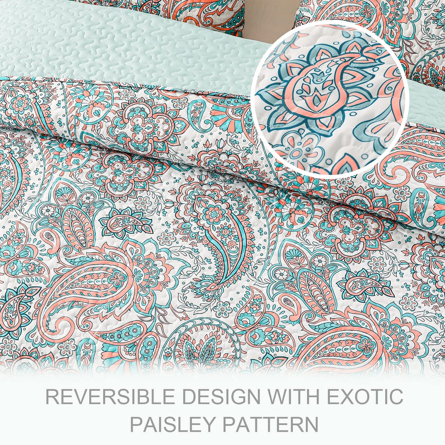 Exclusivo Mezcla Reversible Boho California King Quilt, Aqua Soft Bedspreads Lightweight Coverlet All Season Paisley Quilts Bedding Set with Printed Floral Pattern (1 Quilt, 2 Pillow Shams)
