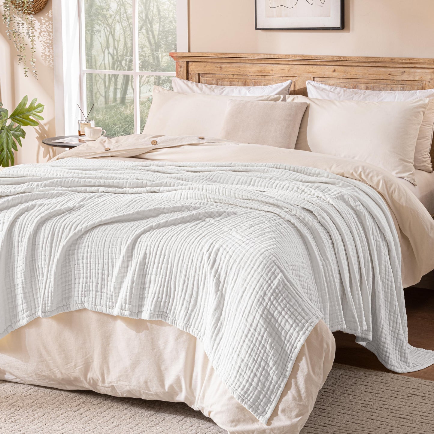 Exclusivo Mezcla 100% Cotton Muslin Queen Size Blanket 90"x90",6 Layers Breathable and Lightweight Pure White Gauze Blankets