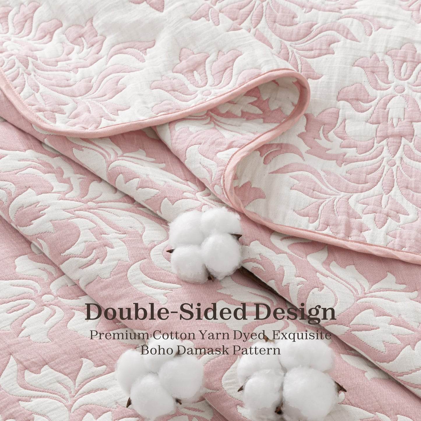 Exclusivo Mezcla Cotton Muslin Quilts Queen Size Pink, Soft Breathable Bedspread Lightweight Prewashed Bed Coverlet With 2 Pillow Shams, Boho Pattern Yarn Dyed Quilt Bedding Set for All Seasons