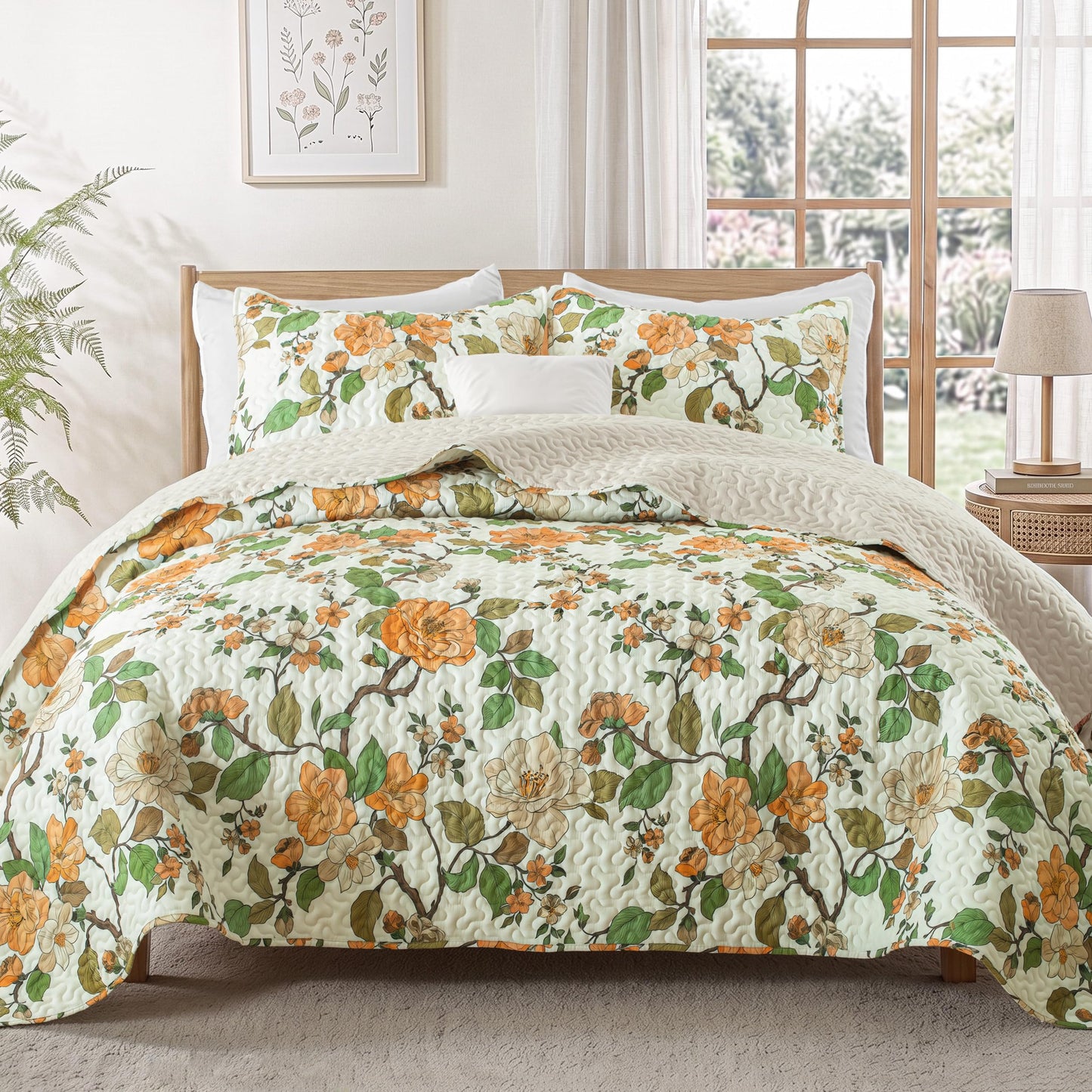 Exclusivo Mezcla Floral California King Size Quilt Bedding Set, Yellow Cal King Quilt with Spring Botanical Pattern, Reversible Lightweight Bedspreads Coverlets Bed Cover for All Seasons (112"x104")