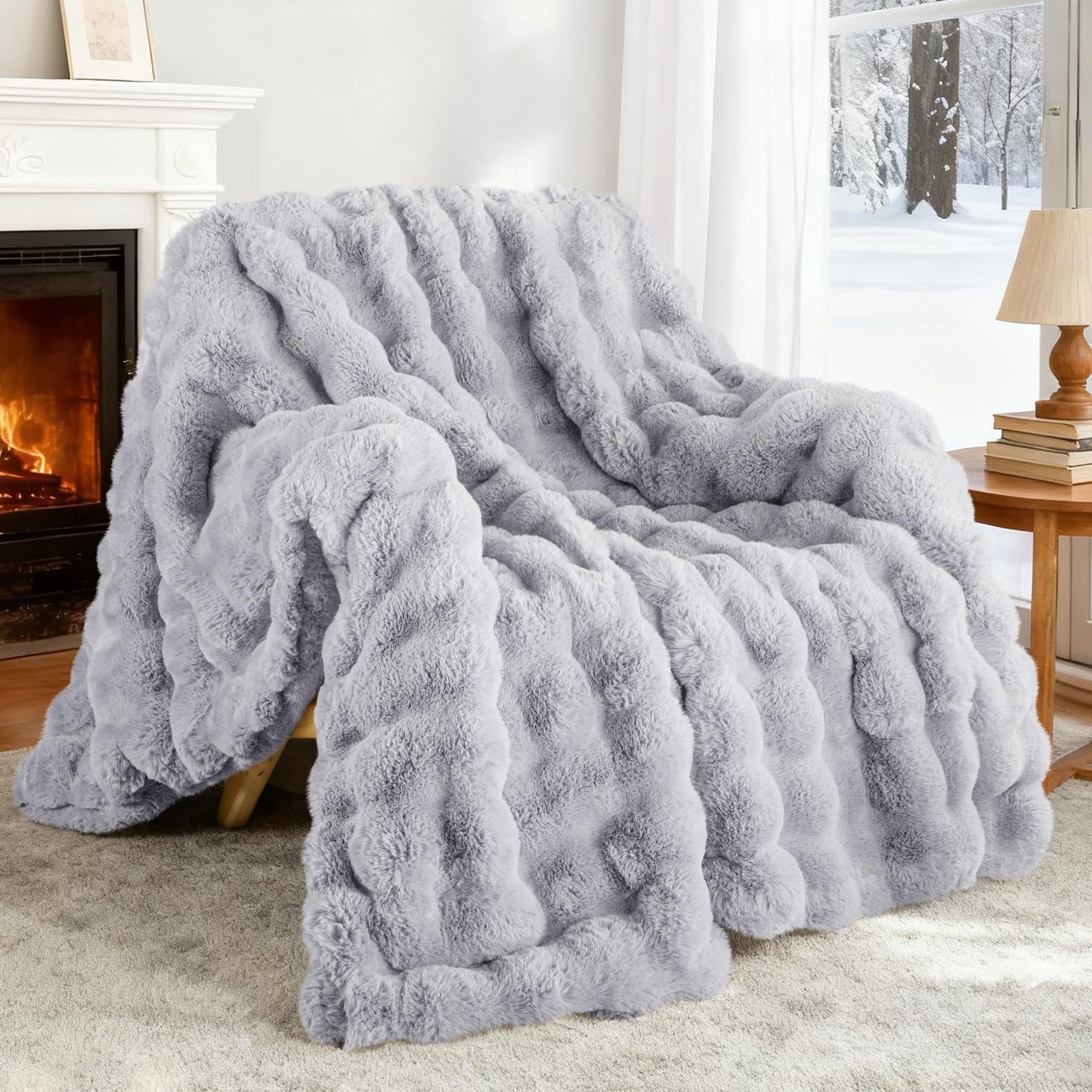 Exclusivo Mezcla Faux Fur Twin Size Blanket for Bed, Luxury Reversible 3D Rabbit Bubble Fuzzy Thick Sherpa Blankets for Winter, Plush Fleece Warm Cozy Bed Throw, 60x80 Inches, Light Grey