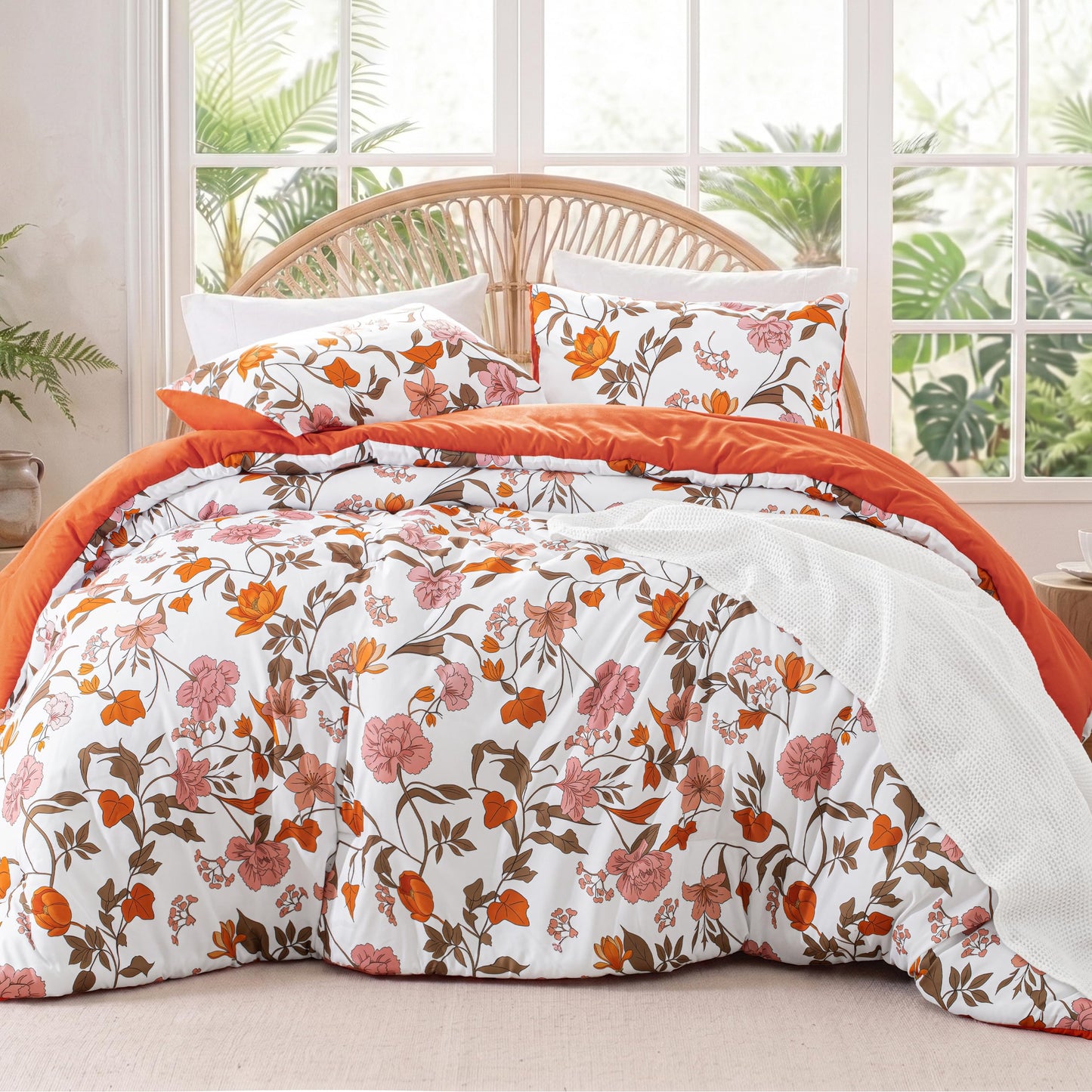 Exclusivo Mezcla Floral King Comforter Set, 3 Pieces Lightweight Reversible Soft Bedding Comforters for All Seasons, Orange Botanical Flowers Pattern