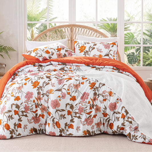 Exclusivo Mezcla Floral California King Comforter Set, 3 Pieces Lightweight Reversible Soft Bedding Comforters for All Seasons, Orange Botanical Flowers Pattern