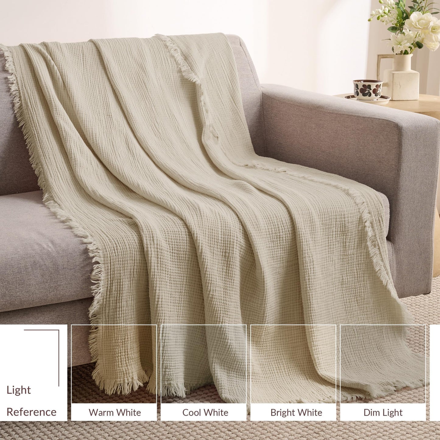 Exclusivo Mezcla 100% Cotton Muslin Throw Blanket, 4 Layers Breathable and Lightweight Gauze Blankets with Fringes for Couch, Soft, Decorative, 50"x70", Beige