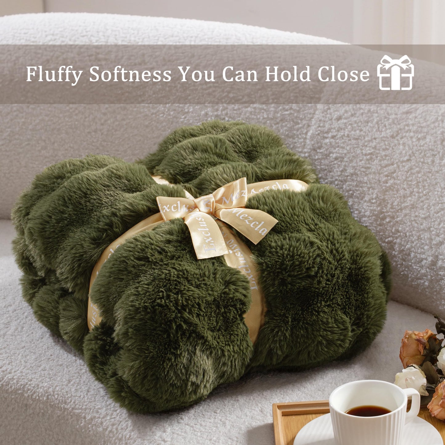 Exclusivo Mezcla Fuzzy Faux Fur Bed Blanket Queen Size, Sherpa Fleece Blankets,Fluffy Plush Warm Throws for Couch, Bed, 90X90 Inches, Olive Green