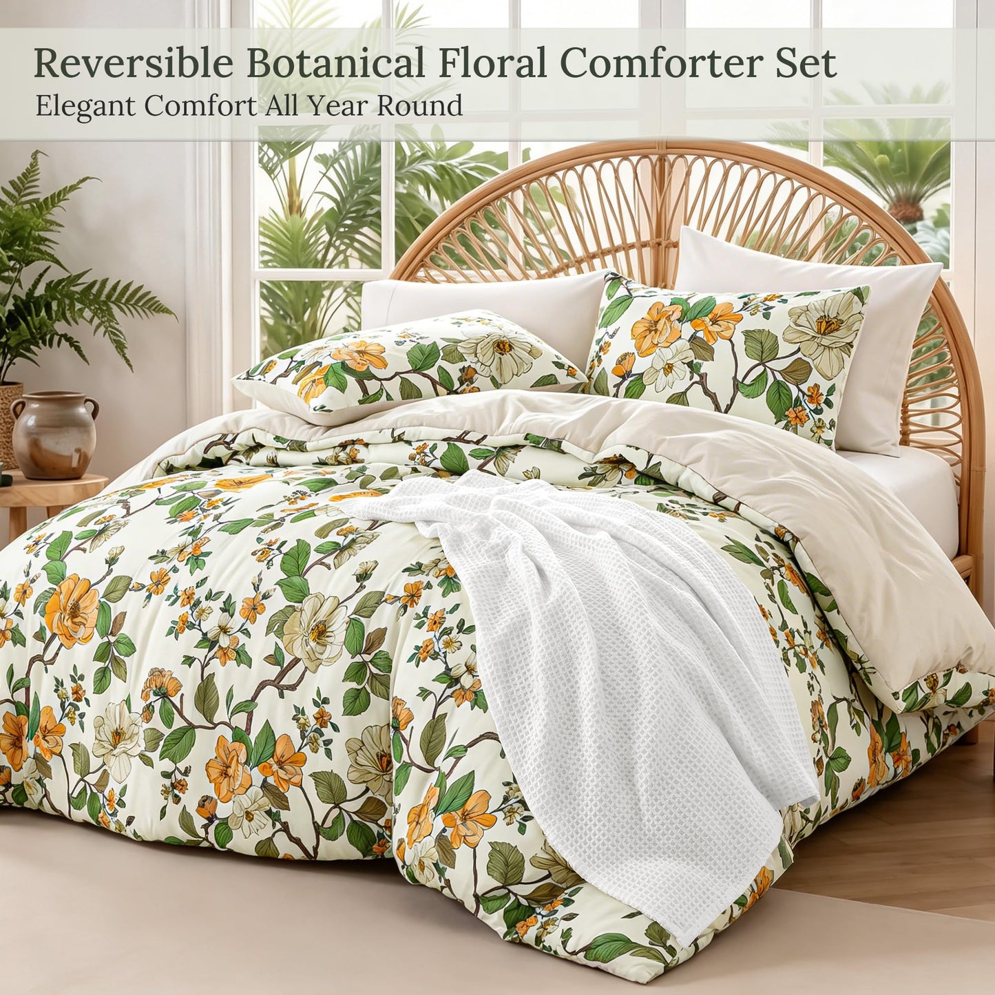 Exclusivo Mezcla Floral Oversized Queen Comforter Set, 3 Pieces Lightweight Reversible Soft Bedding Comforters for All Seasons, Yellow Botanical Flowers Pattern