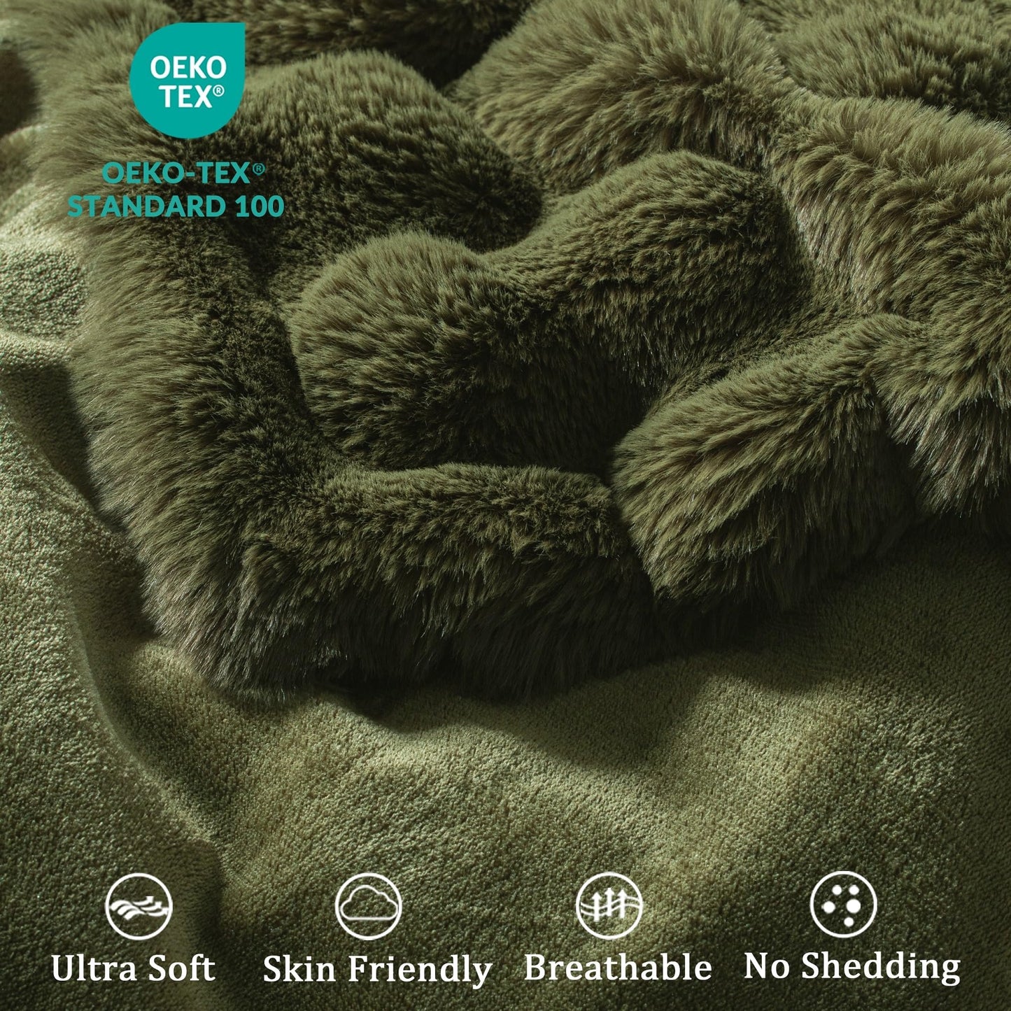 Exclusivo Mezcla Fuzzy Faux Fur Bed Blanket Queen Size, Sherpa Fleece Blankets,Fluffy Plush Warm Throws for Couch, Bed, 90X90 Inches, Olive Green