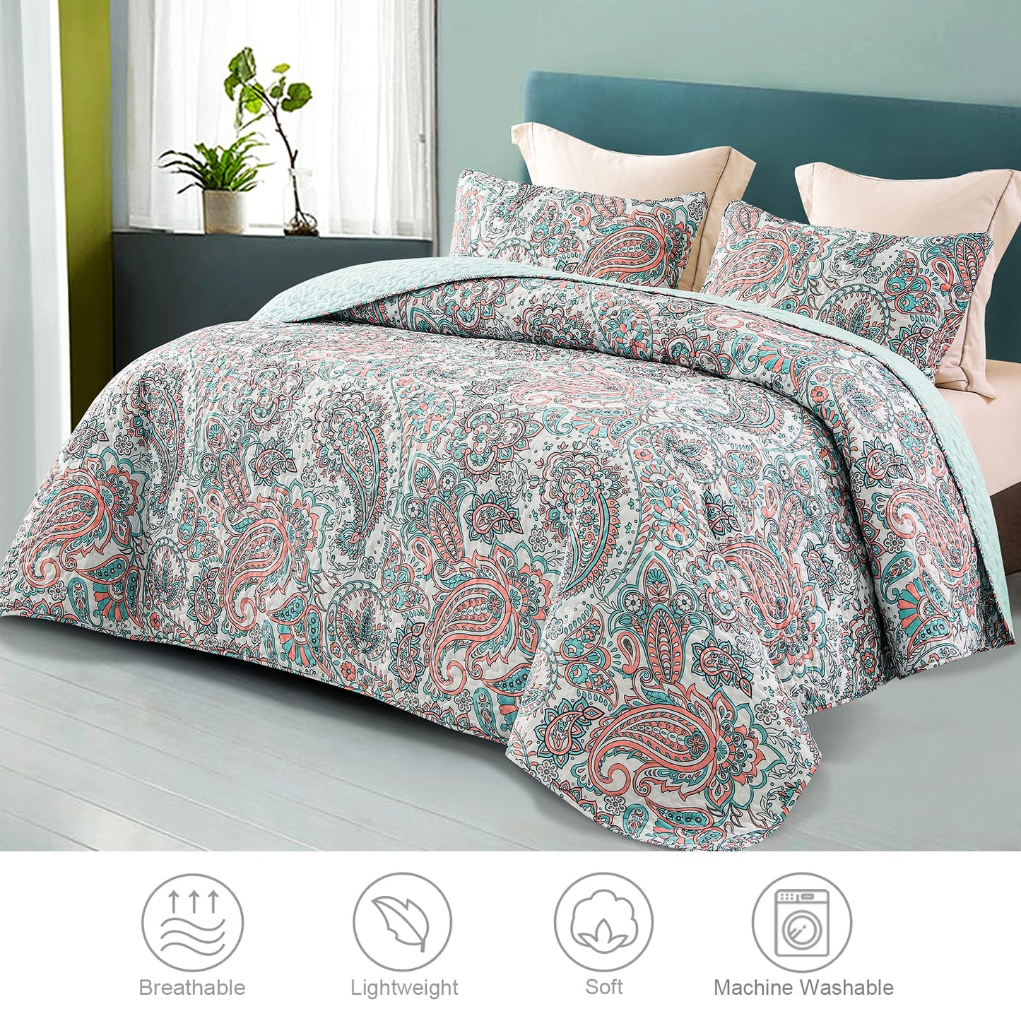 Exclusivo Mezcla Reversible Boho California King Quilt, Aqua Soft Bedspreads Lightweight Coverlet All Season Paisley Quilts Bedding Set with Printed Floral Pattern (1 Quilt, 2 Pillow Shams)