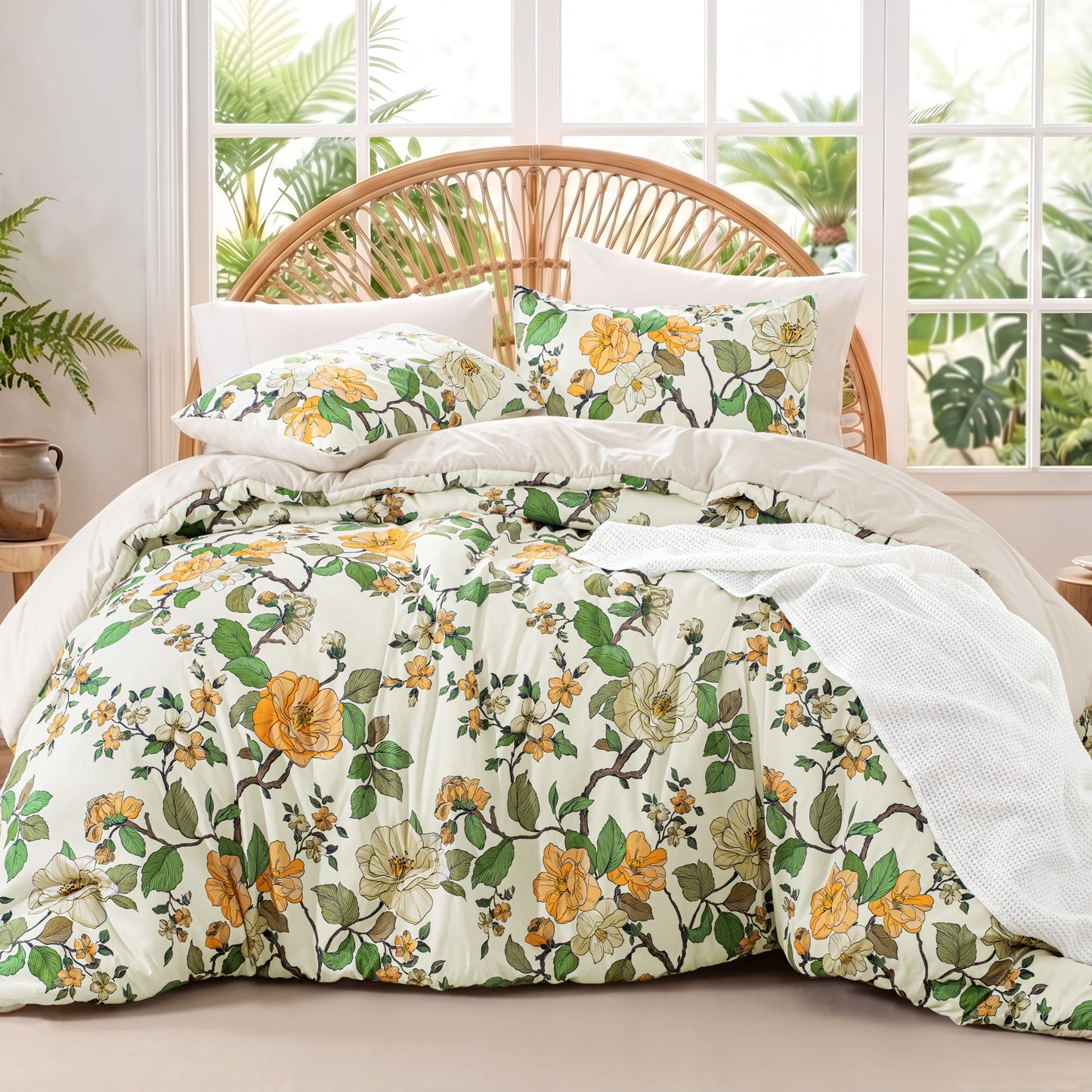 Exclusivo Mezcla Floral King Comforter Set, 3 Pieces Lightweight Reversible Soft Bedding Comforters for All Seasons, Yellow Botanical Flowers Pattern