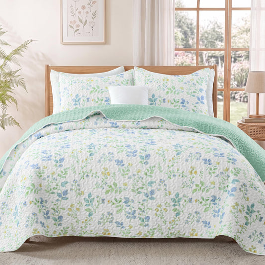 Exclusivo Mezcla Floral California King Size Quilt Bedding Set, White Cal King Quilt with Spring Garden Pattern, Reversible Lightweight Bedspreads Coverlets Bed Cover for All Seasons (112"x104")