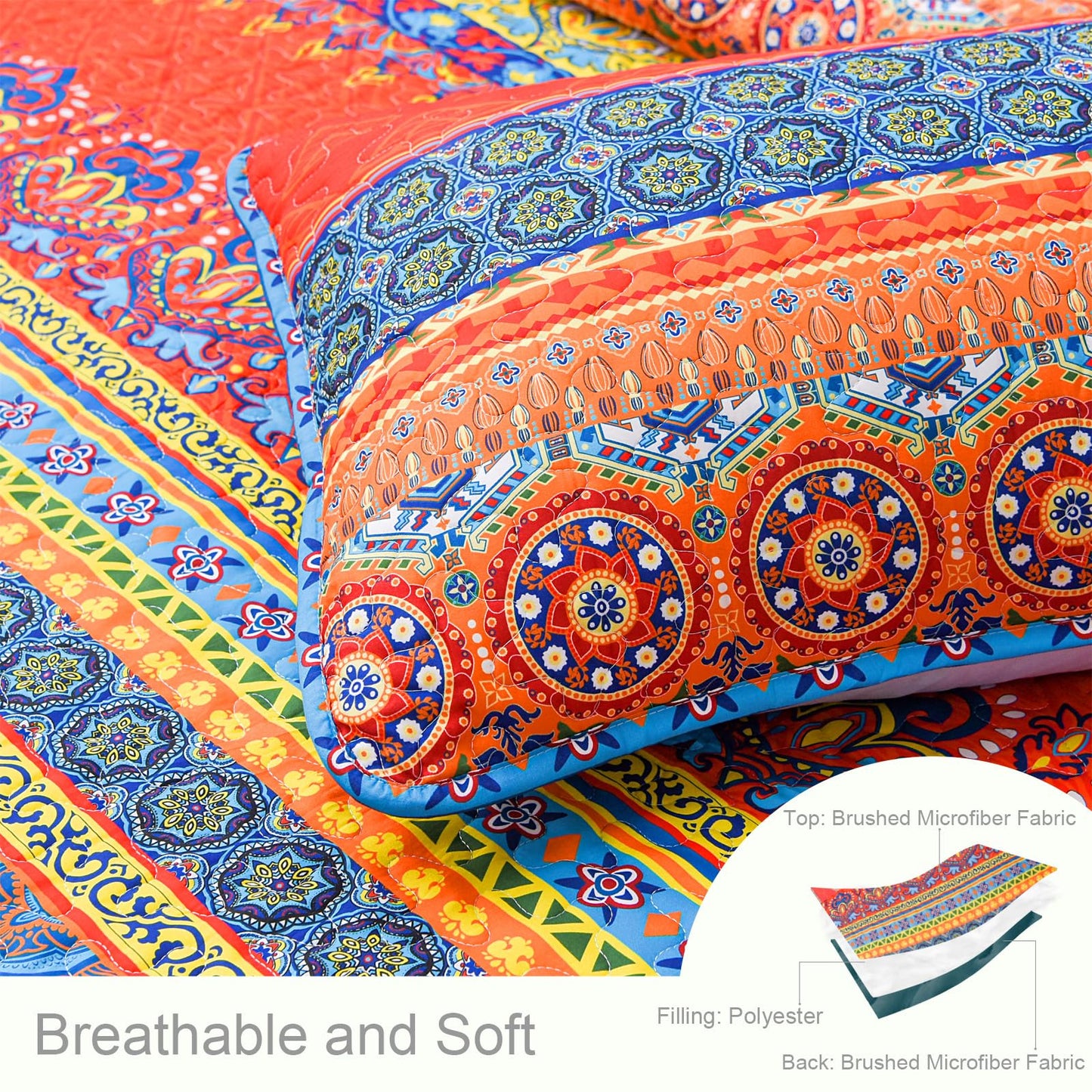 Exclusivo Mezcla Reversible Boho Quilt Set Twin Size, 2 Pieces Bohemian Blue All Season Bedspreads, Ultra Soft Floral Coverlet Bedding Set with Printed Pattern (1 Quilt, 1 Pillow Sham)