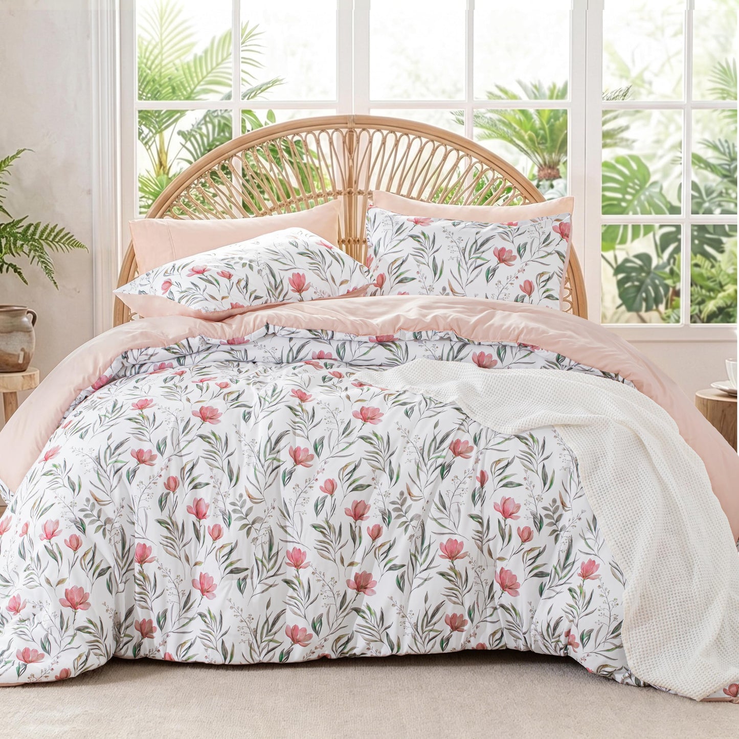 Exclusivo Mezcla Floral Full Comforter Set, 3 Pieces Lightweight Reversible Soft Bedding Comforters for All Seasons, Pink Botanical Flowers Pattern