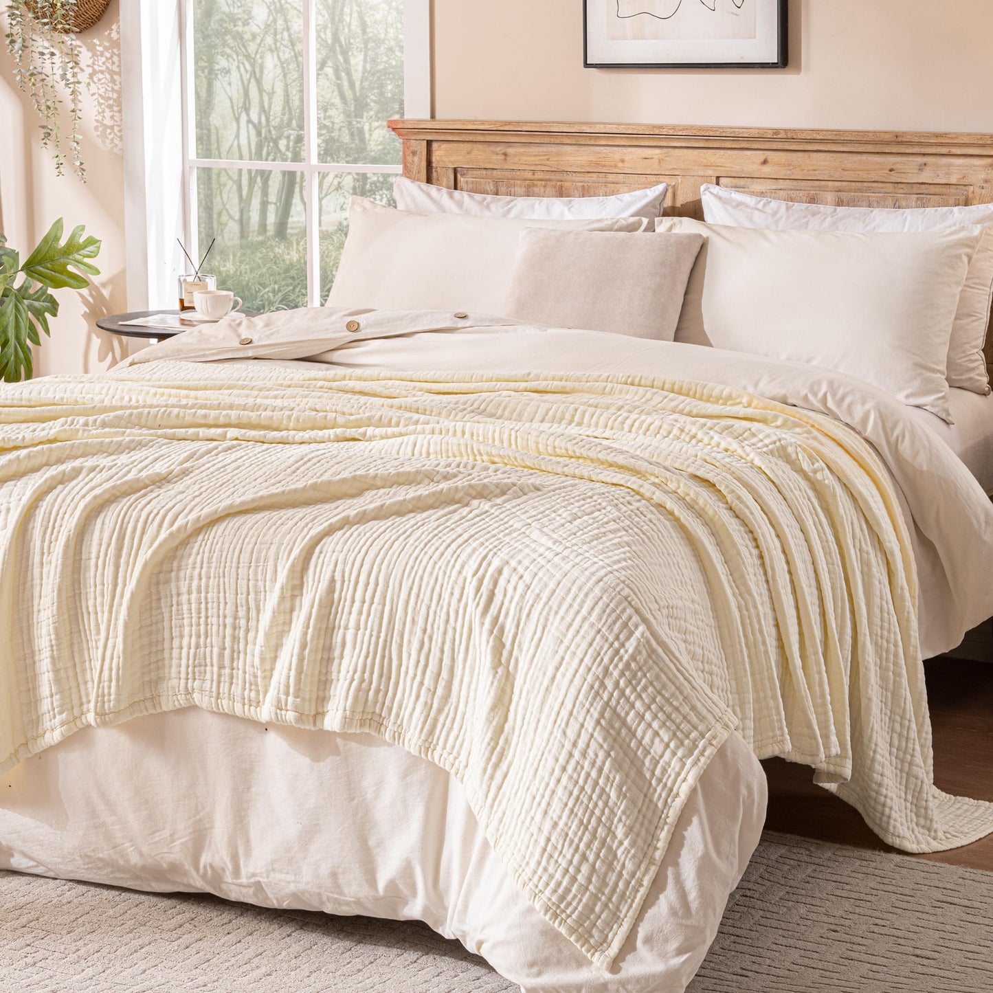 Exclusivo Mezcla 100% Cotton Muslin King Size Blanket 90"x104",6 Layers Breathable and Lightweight Ivory Gauze Blankets