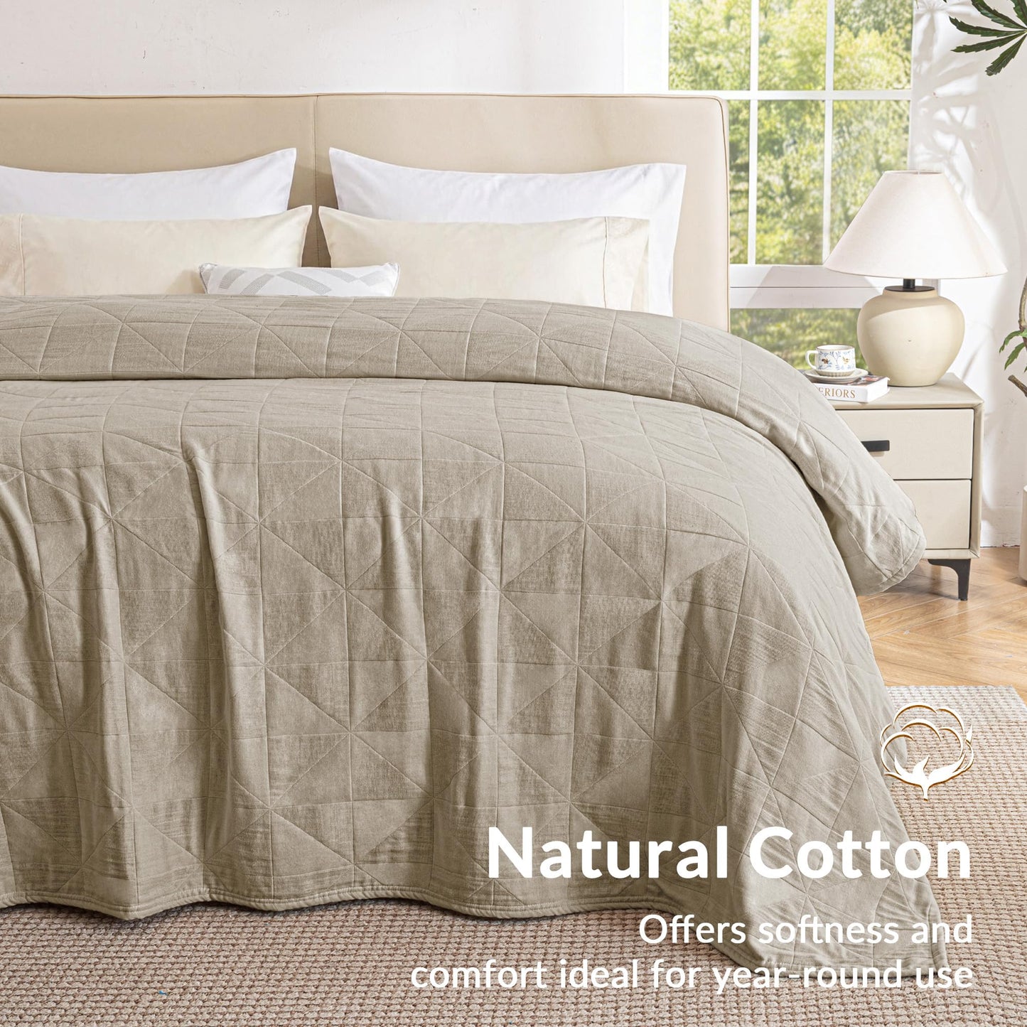 Exclusivo Mezcla 100% Cotton 4 Layers Muslin Twin Blanket for Dorm, Moisture-wicking and Breathable Gauze Blanket with Geometric Pattern for Year Round Comfort, 60"x80", Khaki