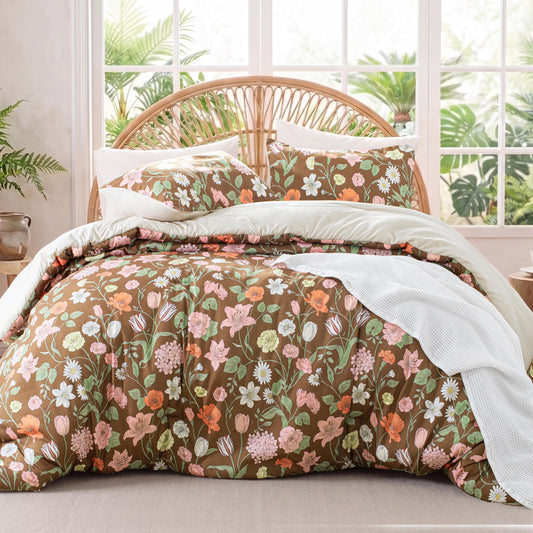 Exclusivo Mezcla Floral Full Comforter Set, 3 Pieces Lightweight Reversible Soft Bedding Comforters for All Seasons, Brown Botanical Flowers Pattern