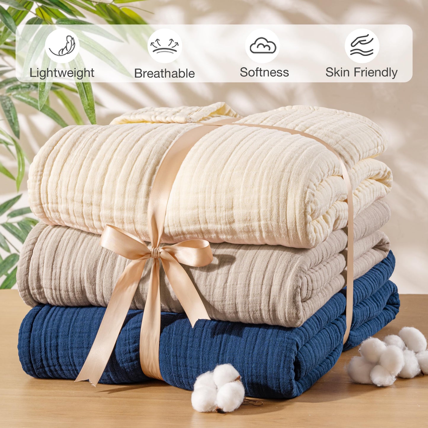 Exclusivo Mezcla 100% Cotton Muslin Throw Blanket 50"x70",6 Layers Breathable and Lightweight Khaki Gauze Blankets