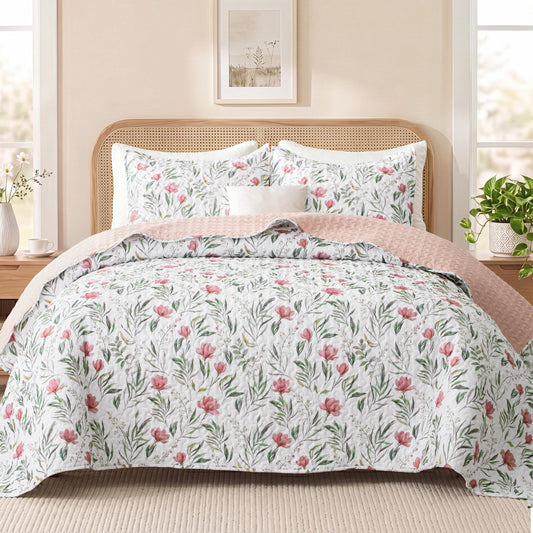 Exclusivo Mezcla Floral Quilt King Size, White King Size Quilt Bedding Set with Watercolor-inspired Botanical Pattern, Reversible Lightweight Bedspreads Coverlets Bed Cover for All Seasons (104"x96")