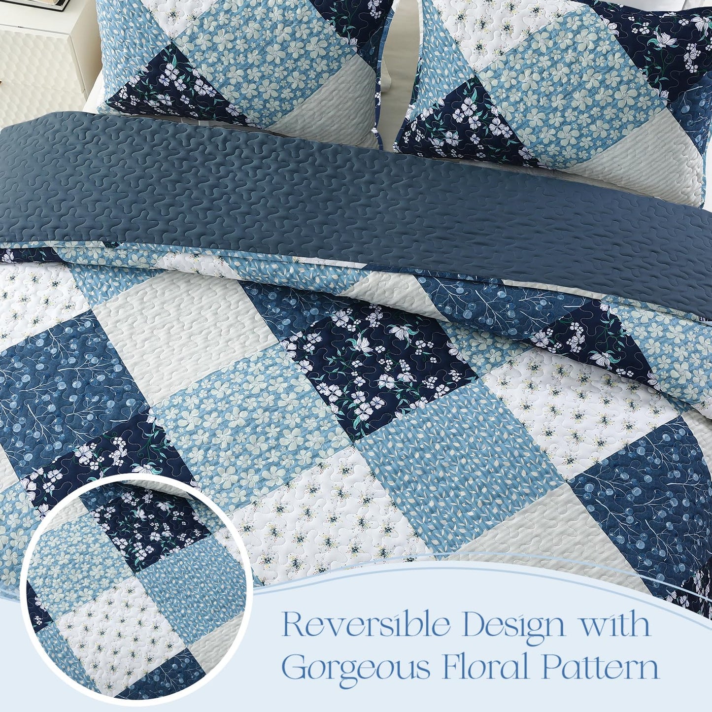 Exclusivo Mezcla Reversible Boho Quilt Set Twin Size, 2 Pieces Patchwork Blue All Season Bedspreads, Ultra Soft Floral Coverlet Bedding Set with Printed Pattern (1 Quilt, 1 Pillow Sham)