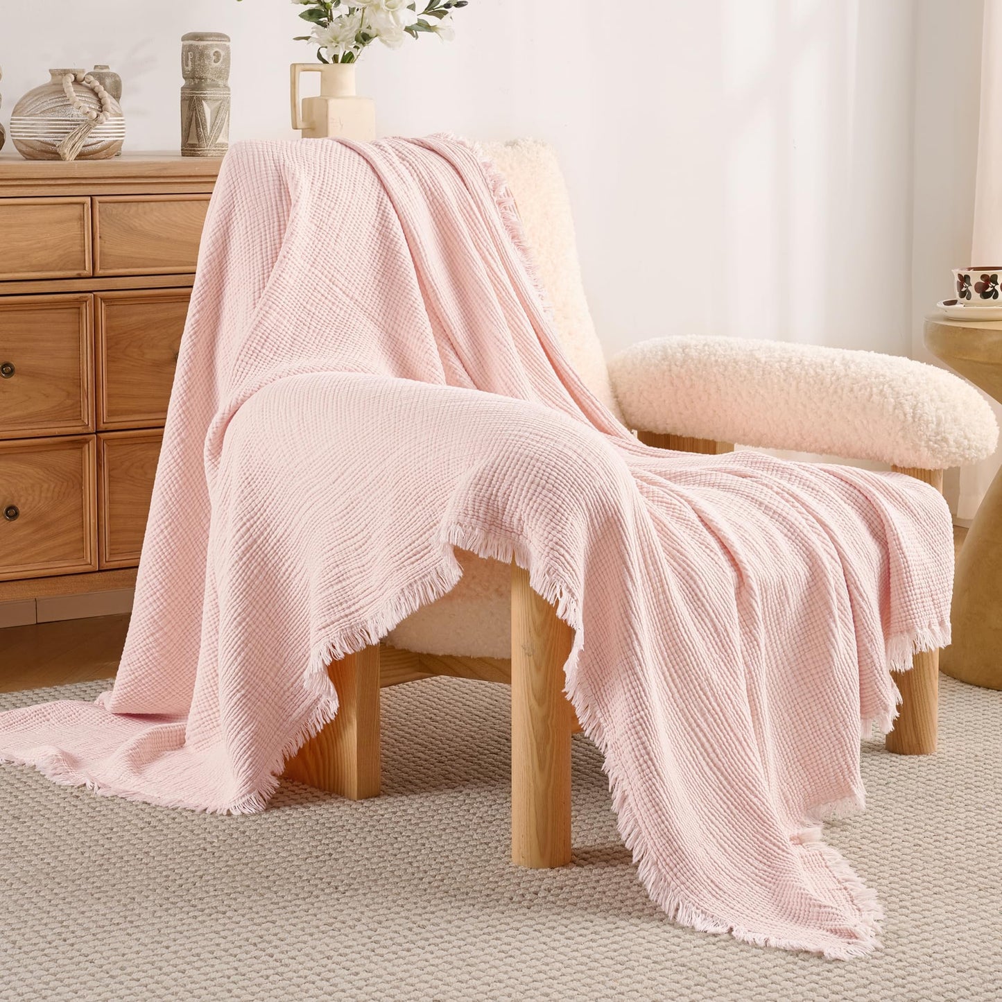 Exclusivo Mezcla 100% Cotton Muslin Throw Blanket , 6 Layers Breathable and Lightweight Gauze Blankets for Couch, Soft, Decorative, 50"x70", Pink