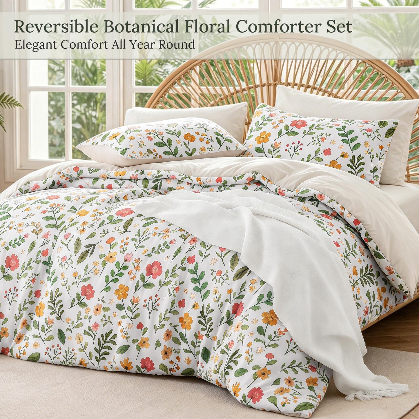 Exclusivo Mezcla Floral King Comforter Set, 3 Pieces Lightweight Reversible Soft Bedding Comforters for All Seasons, White Botanical Garden Pattern