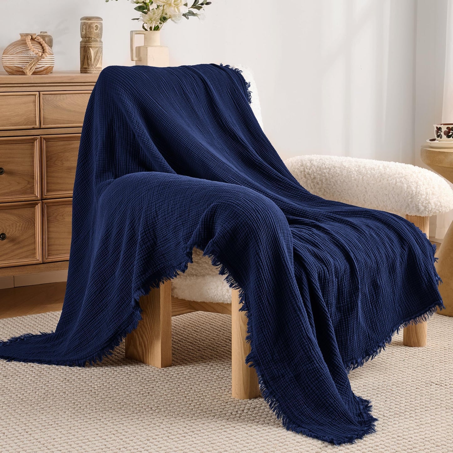 Exclusivo Mezcla 100% Cotton Muslin Throw Blanket , 4 Layers Breathable and Lightweight Gauze Blankets with Fringes for Couch, Soft, Decorative, 50"x70", Navy Blue