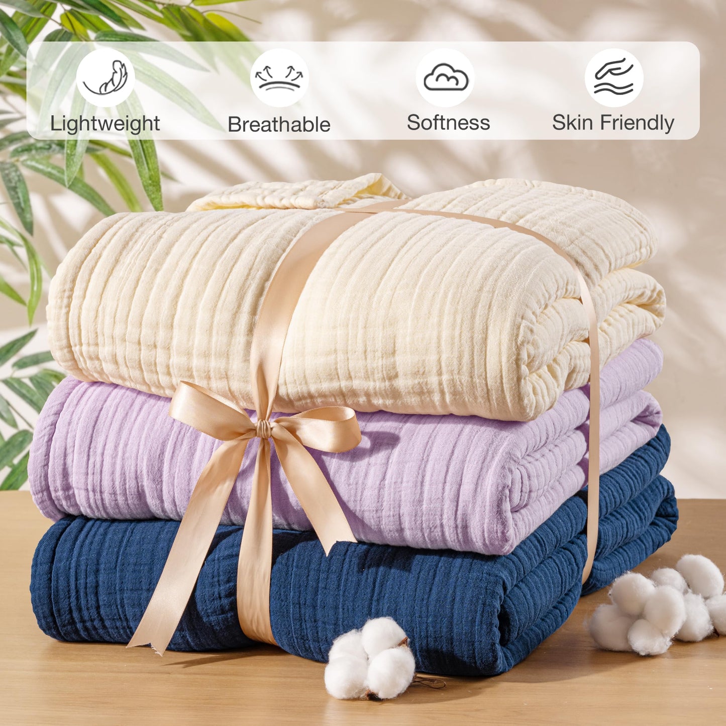 Exclusivo Mezcla 100% Cotton Muslin Throw Blanket 50"x70",6 Layers Breathable and Lightweight Lilac Purple Gauze Blankets