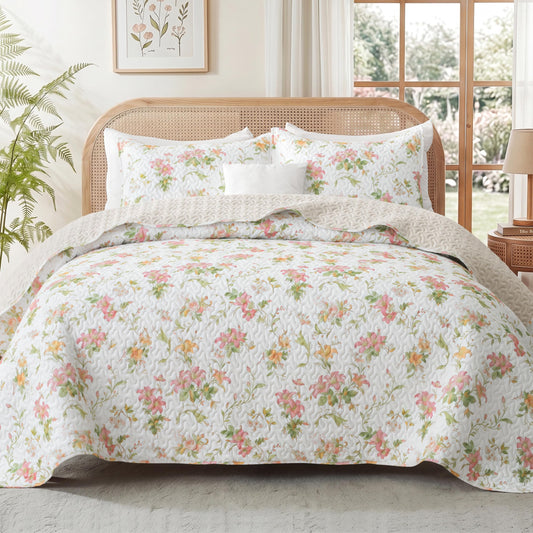 Exclusivo Mezcla Floral Quilts Queen Size, Faint Yellow Queen Quilt Bedding Set with Pink Lily Flowers Pattern, Reversible Lightweight Spring Bedspreads Coverlets Bed Cover for All Seasons (92"x96")