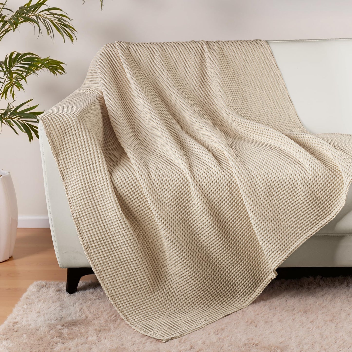 Exclusivo Mezcla 100% Cotton Waffle Weave Throw Blanket, Soft, Lightweight and Breathable Muslin Gauze Blanket for Couch, Sofa, All Season, 50"x70", Khaki